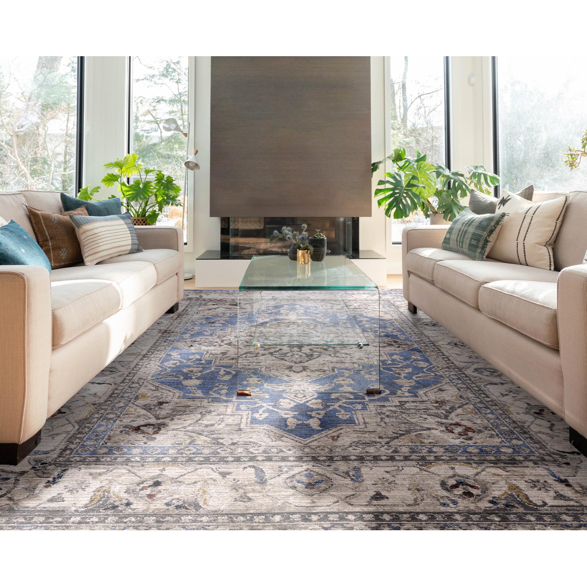Sovereign Medallion Traditional Rug for Bedroom Living Room Flatweave Silky Shiny Rug Blue X-Large 200x290 cm (6'7"x9'6")
