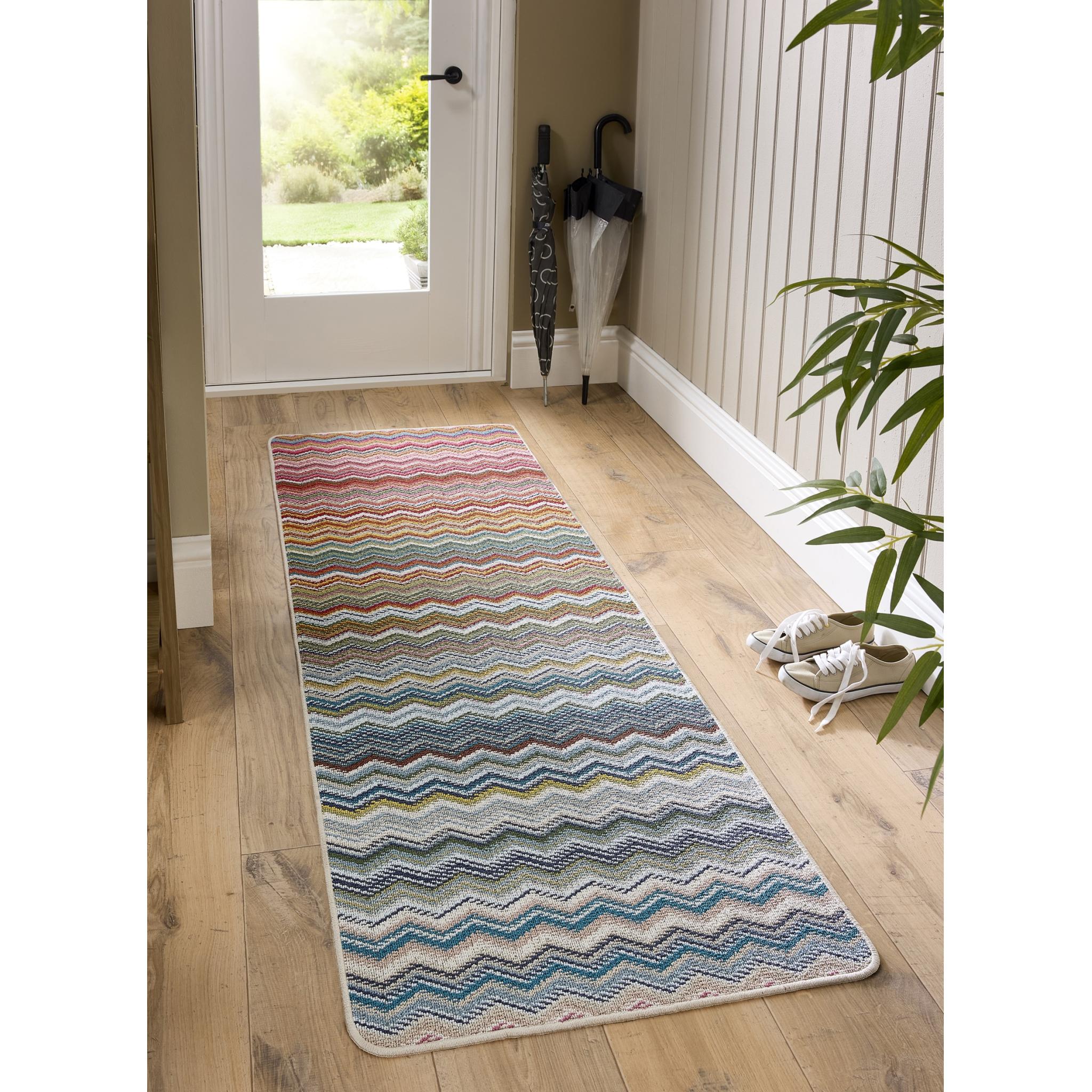 My Mat Candy Washable Home Entrance, Kitchen, Hallway, Entryway Non-Slip Rug in Zig Zag Rainbow Multi Colours in 67 x 200 cm