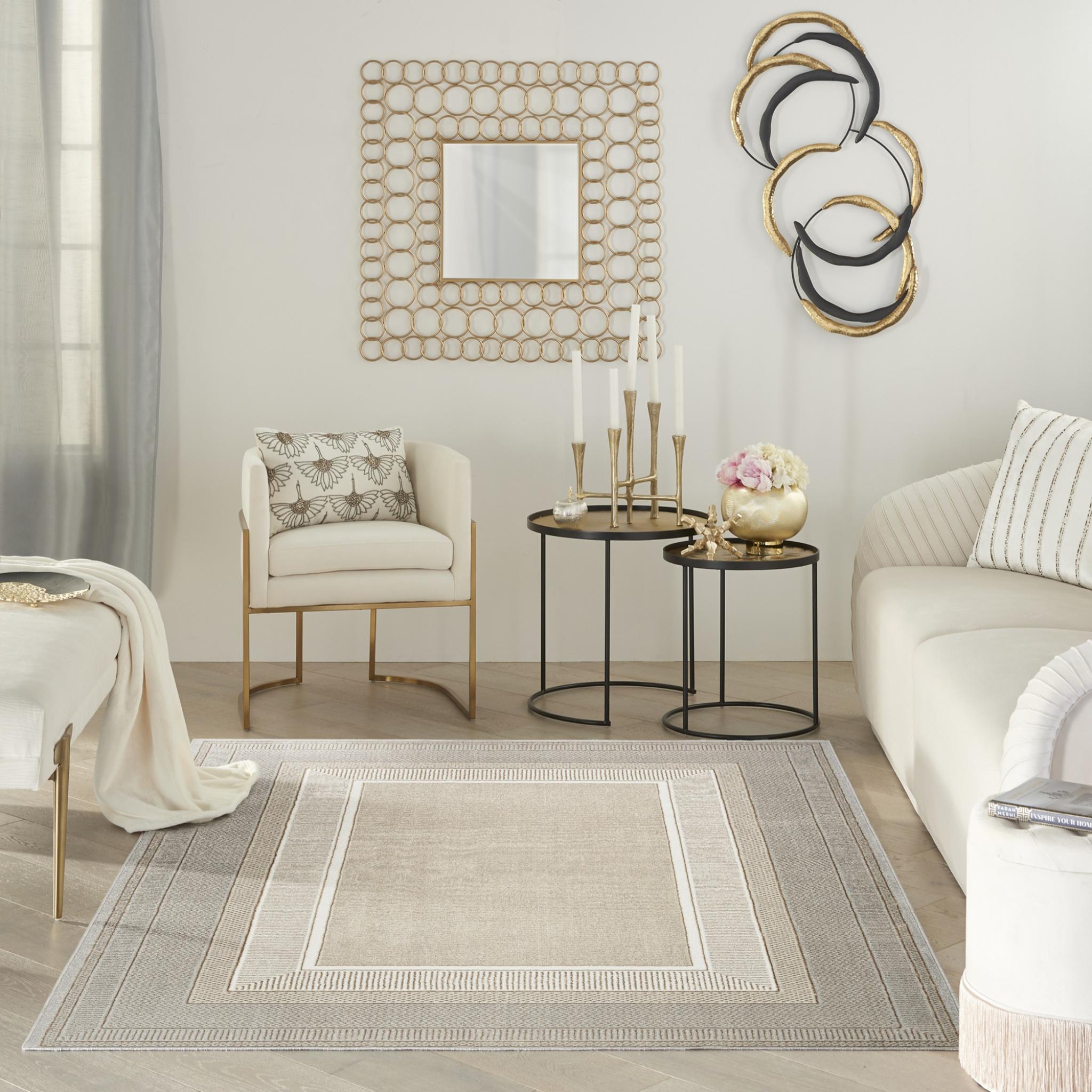 Glitz GLZ07 Modern Classic Geometric Framed Border Soft Silky Shimmer Ivory White Rug Runner by Nourison Medium 119x180 cm (3'11"x5'11")