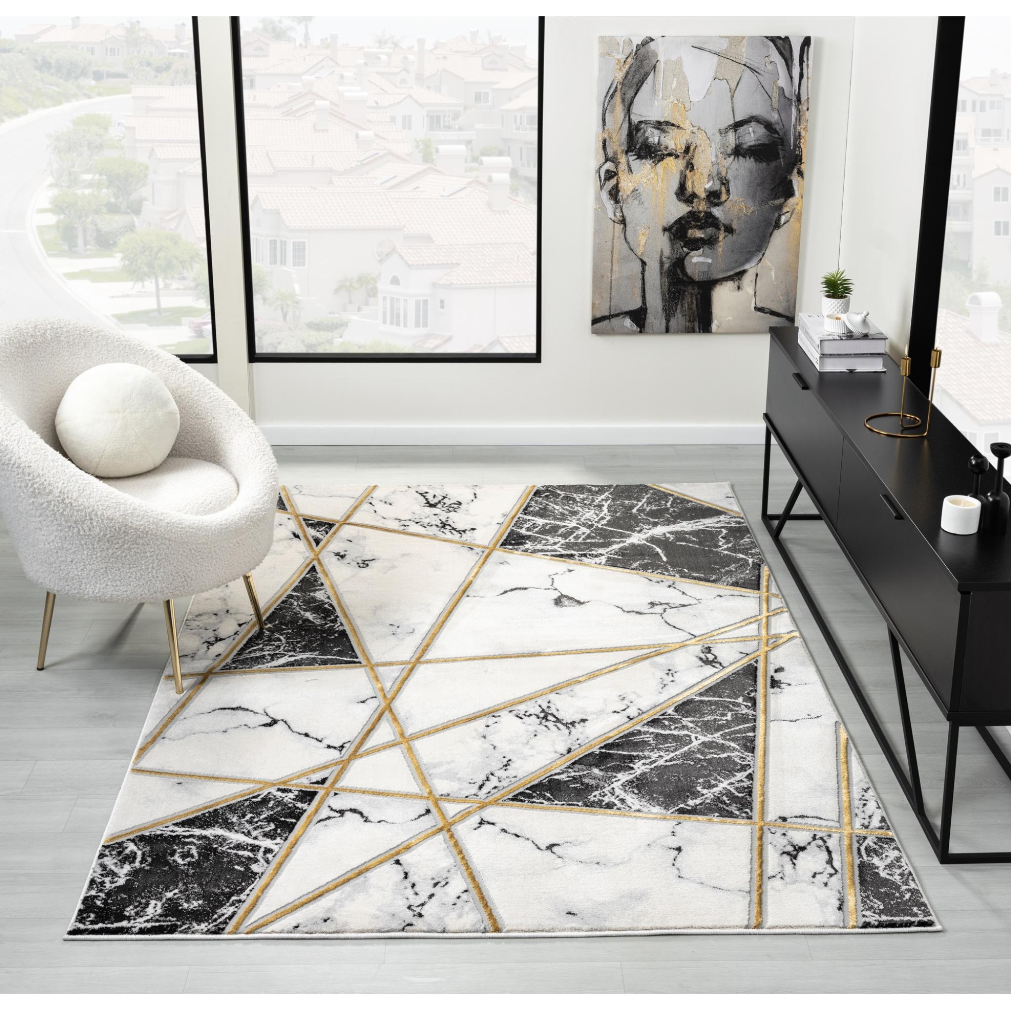 Bianco 185MA Modern Marbled Abstract Black Cream Rug & Hall Runner Small 80x150 cm (2'6"x5')