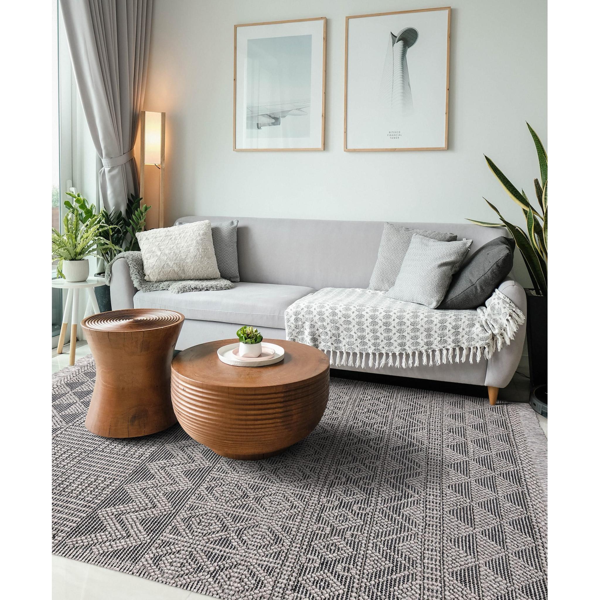 Anya ANR01 Rug Hand Made Wool Geometric Traditional Modern Bohomian Tribal Fringed Rug in Grey Black Medium 120x170 cm (4'x5'6")