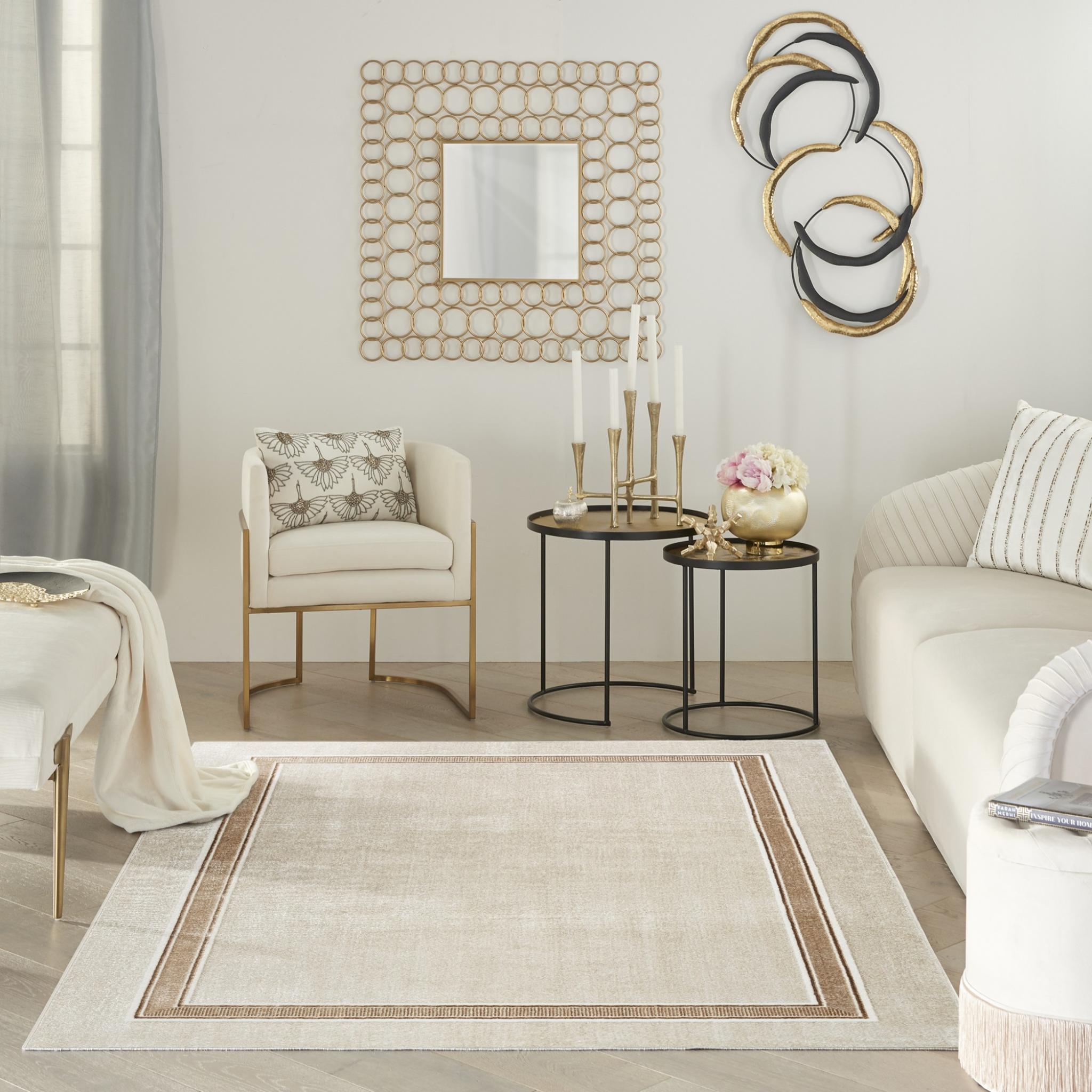 Glitz GLZ08 Modern Classic Geometric Frame Border Soft Silky Shimmer Ivory Cream Rug Runner by Nourison Medium 119x180 cm (3'11"x5'11")