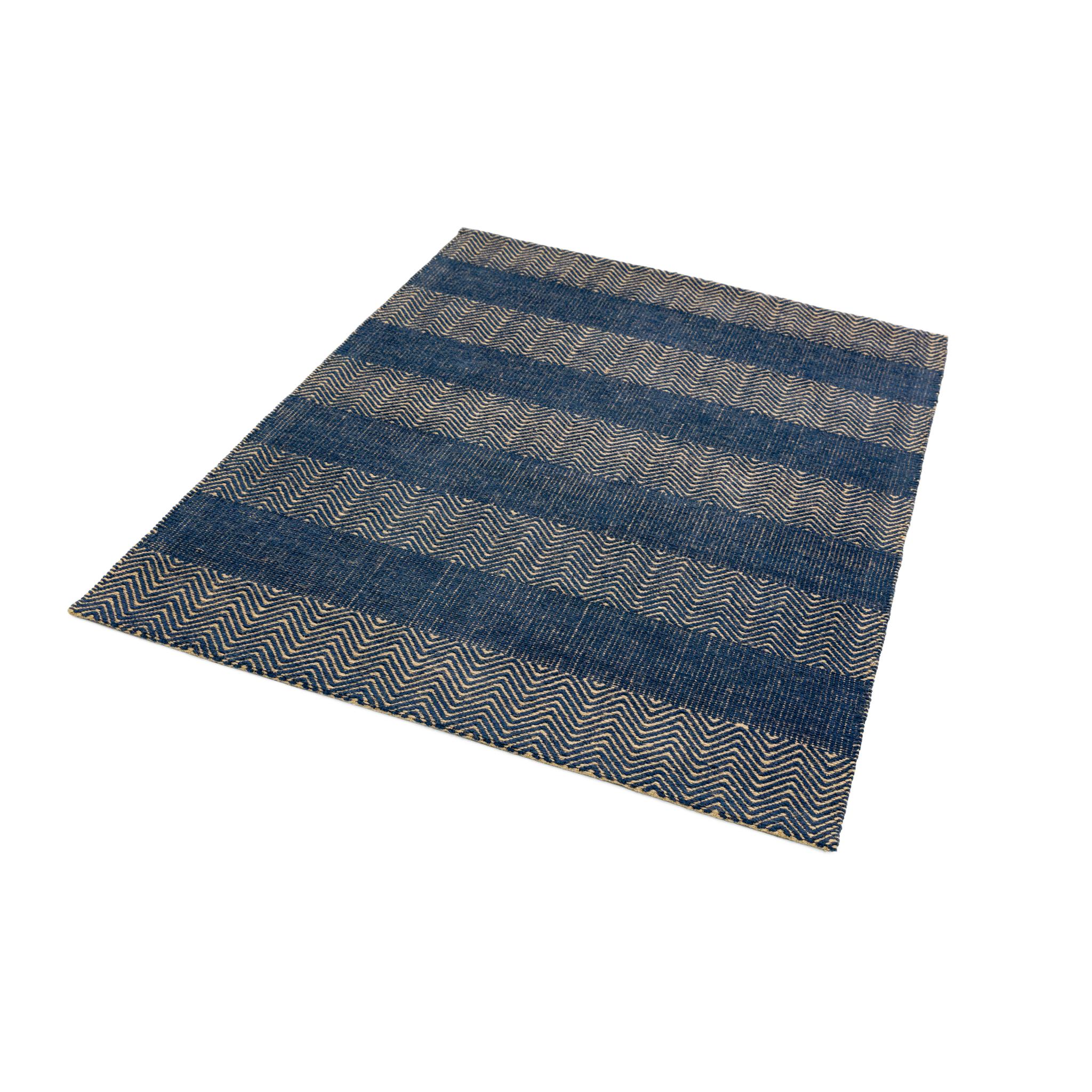 Ives Hand Woven Chenille Flatweave Natural Waves Heringbone Rug in Navy Blue Small 100x150 cm (3'4"x4'11")