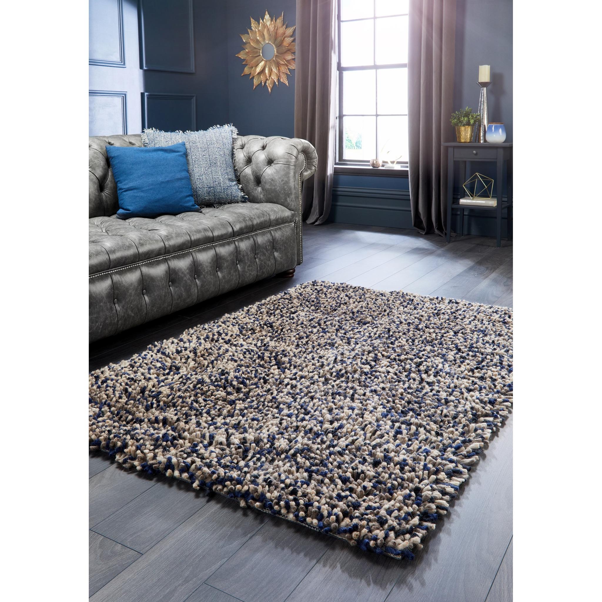 Origins Rocks Shaggy Hand Woven Wool Tubular Long Pile Rugs in Navy Small 80x150 cm (2'6"x5')