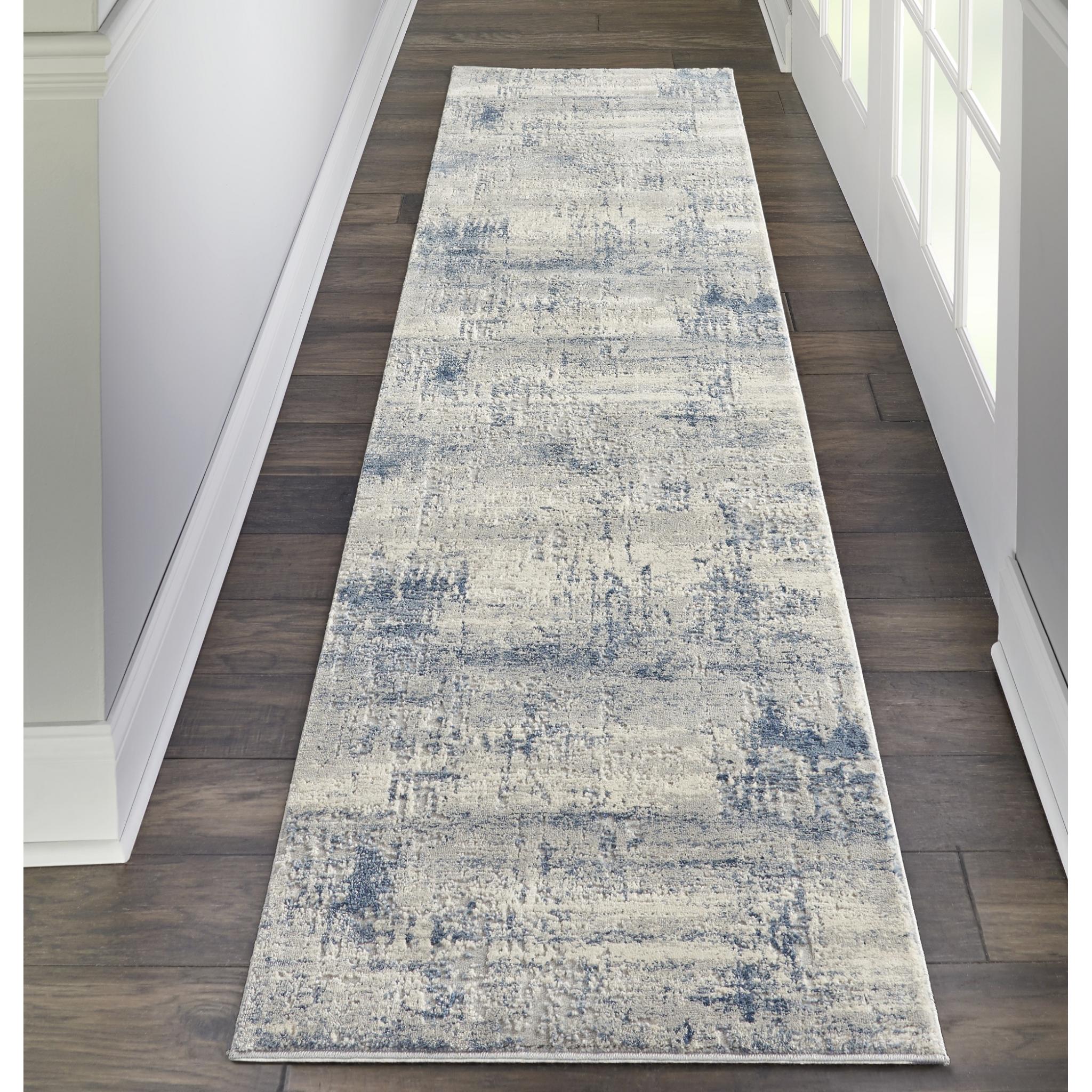 Rustic Textures RUS10 Modern Abstract Rug in Ivory Blue Runner 66x236 cm (2'2''x7'6'')