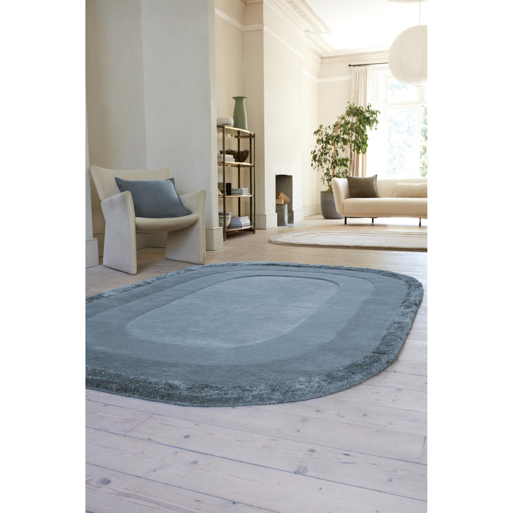 Halo Denim Oval Rug Hand Tufted Wool Viscose Bordered Modern Ombre Rug in Blue Large 160x230 cm (5'3"x7'7")