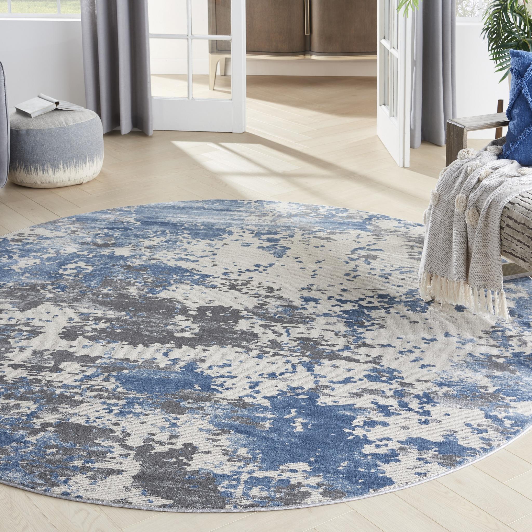 Rustic Textures RUS08 Modern Abstract Circle Round Rug in Ivory Grey Blue Round Large 160x160 cm (5'3''x5'3'')