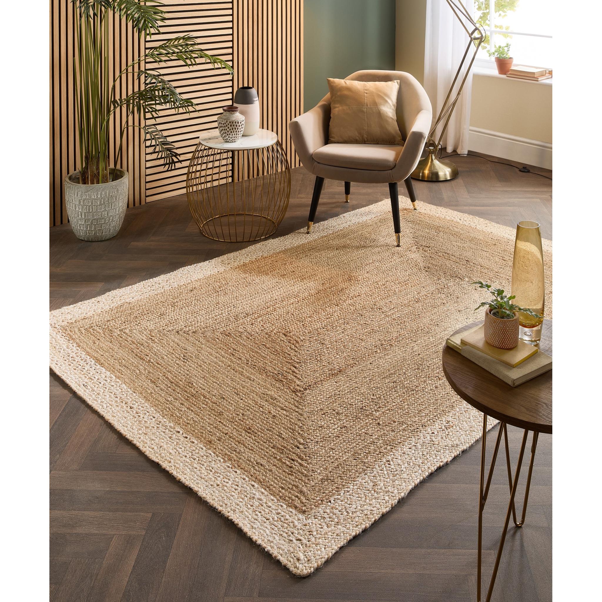 Jute Bordered Rug Indoor Outdoor Handmade Braid Stitched Natural White Rug Small 80x150 cm (2'6"x5')