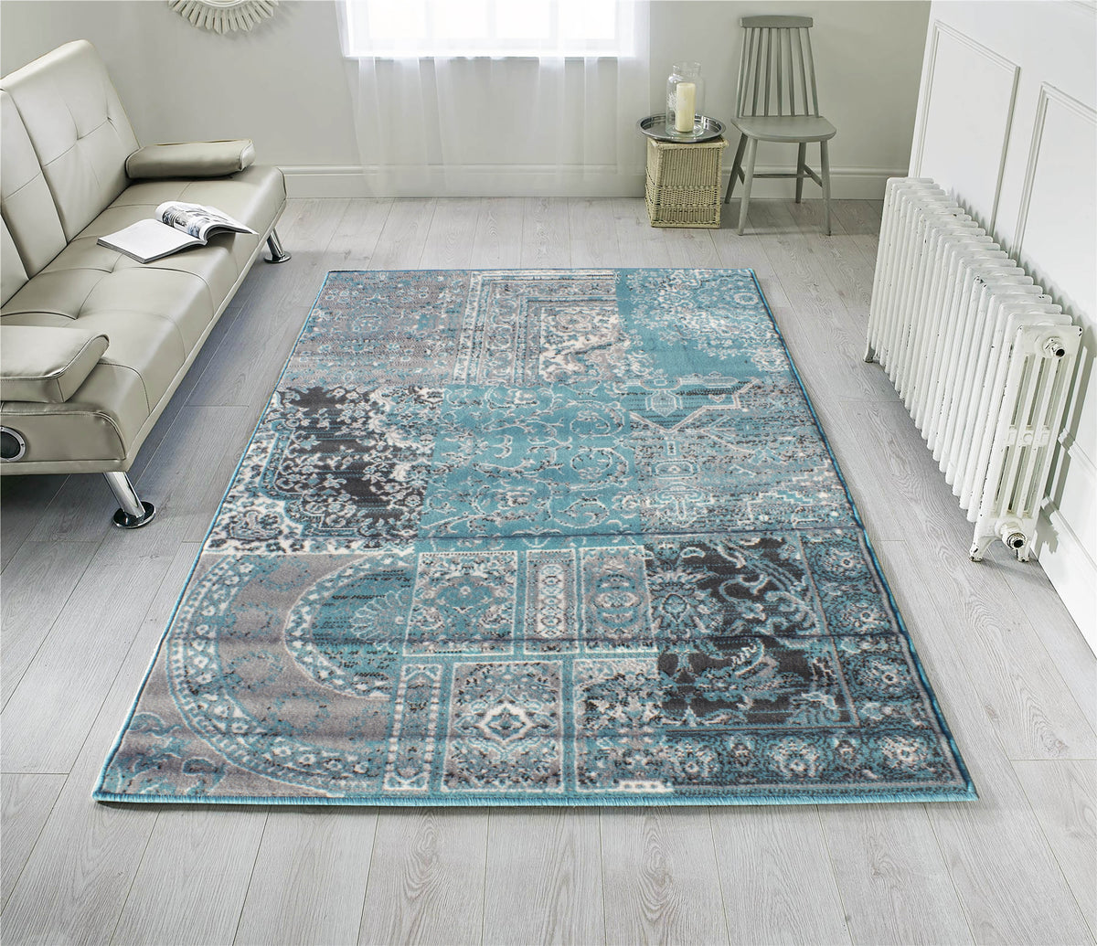 Toulouse Duck Egg Blue Distressed Transitional Patchwork Rug