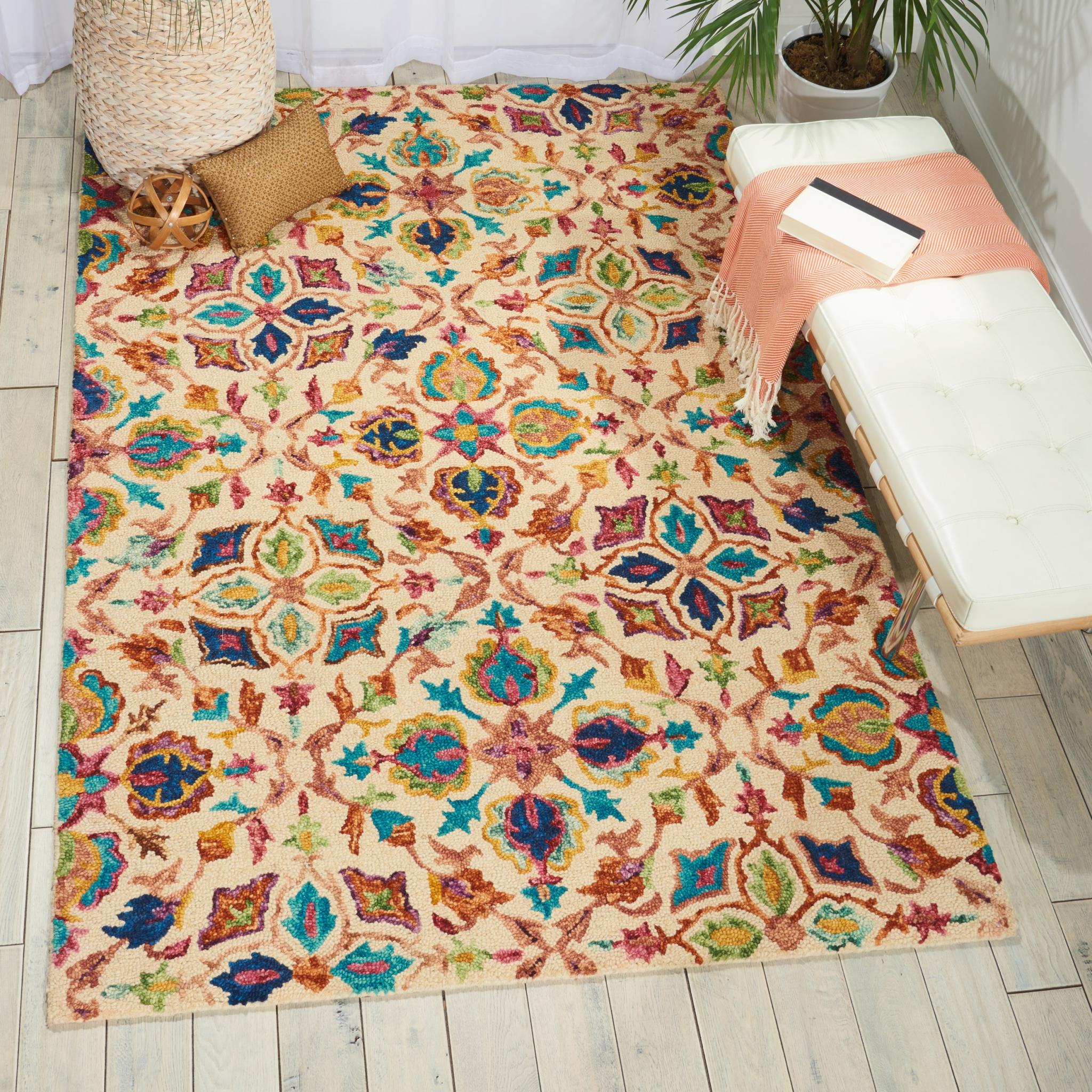 Vibrant Blossom Wool Hand Tufted Floral Rug by Nourison in Multicolours VIB08 Ivory Medium 122x183 cm (4'x6')
