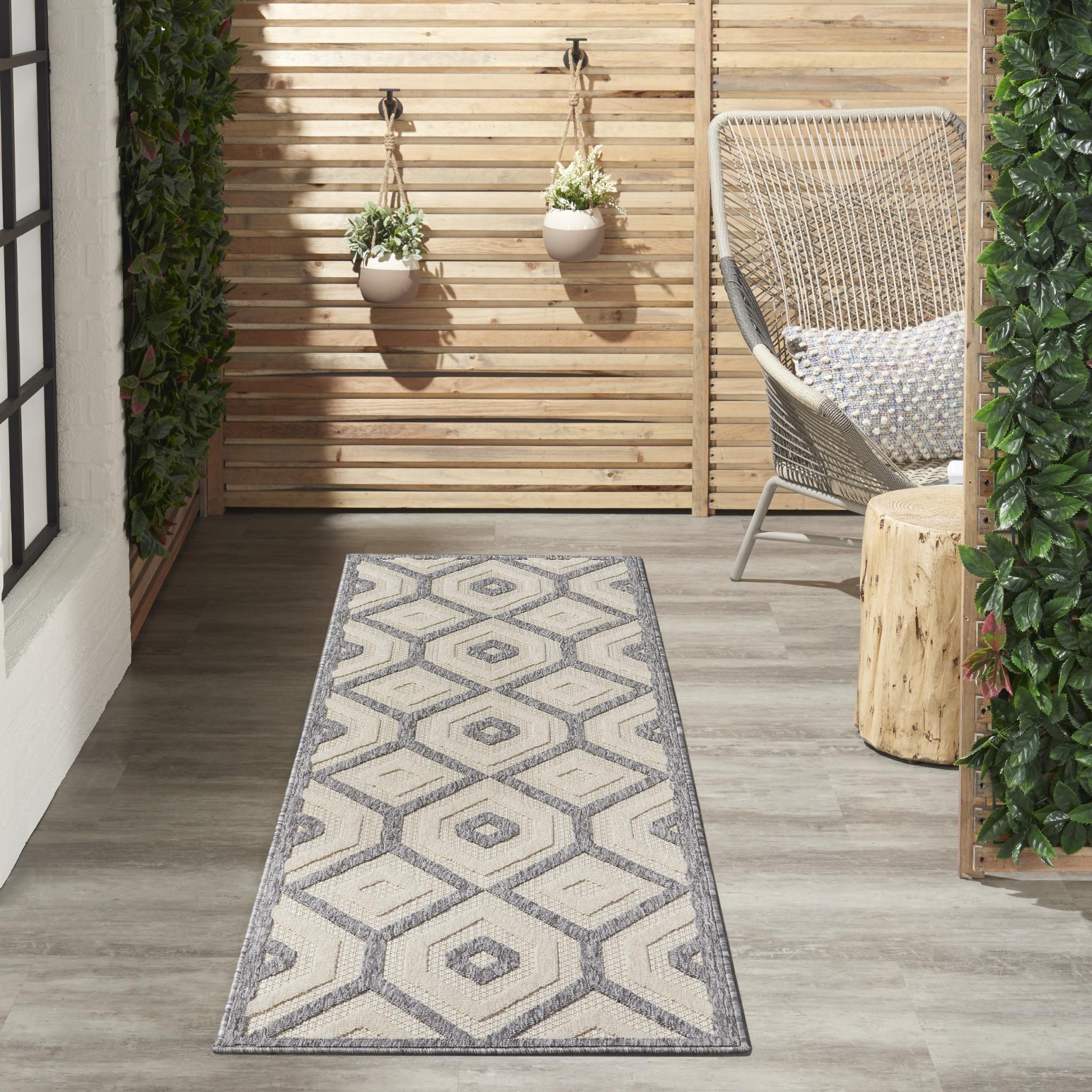 Outdoor Indoor Rug by Cozumel Nourison CZM02 Geometric 3D Modern Cream Rug Runner 66x229 cm (2'2"x7'6")