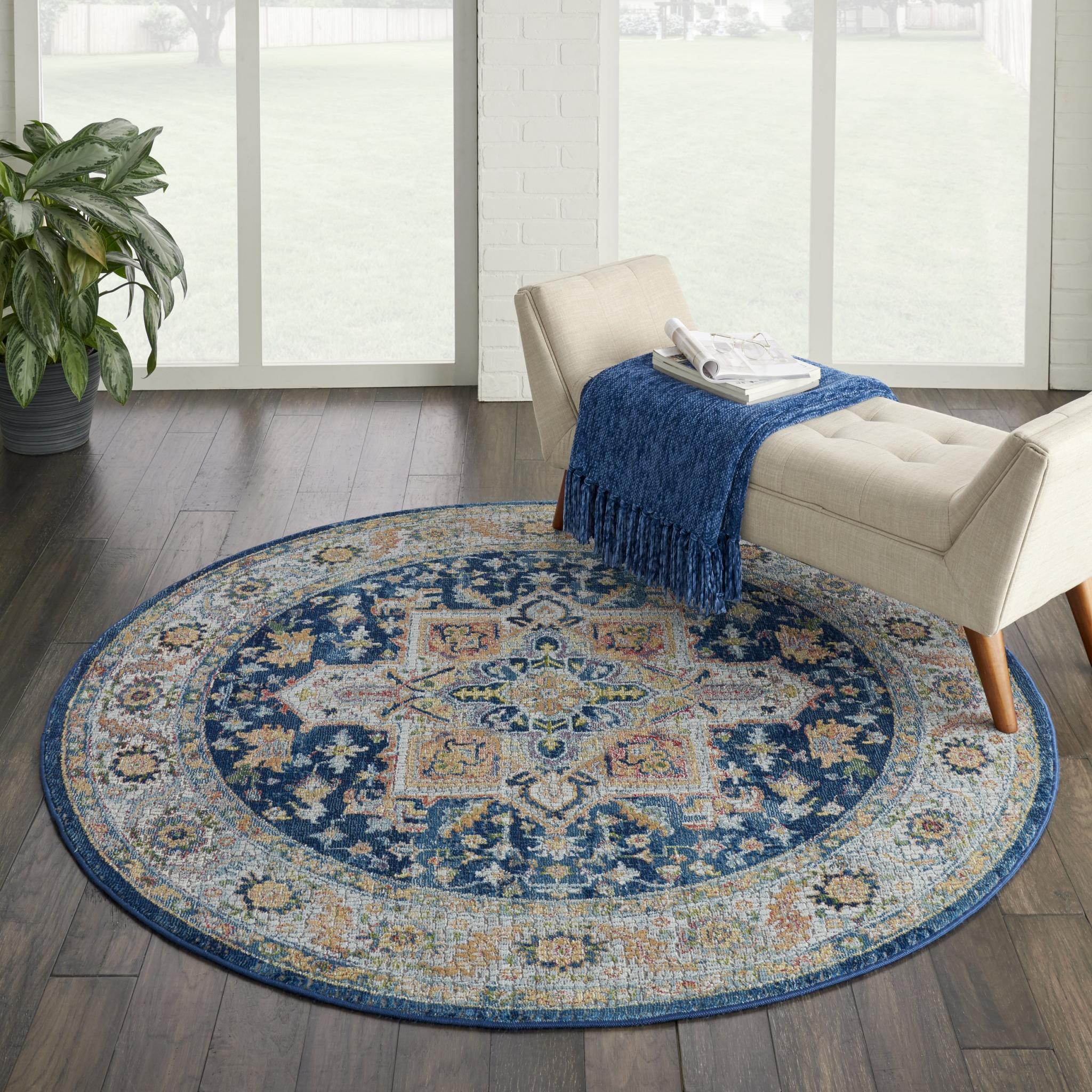 Nourison Ankara Vintage Antique Traditional ANR11 Rug Runner Round in Blue Multi Colour 122x122 cm (4'x4') Round