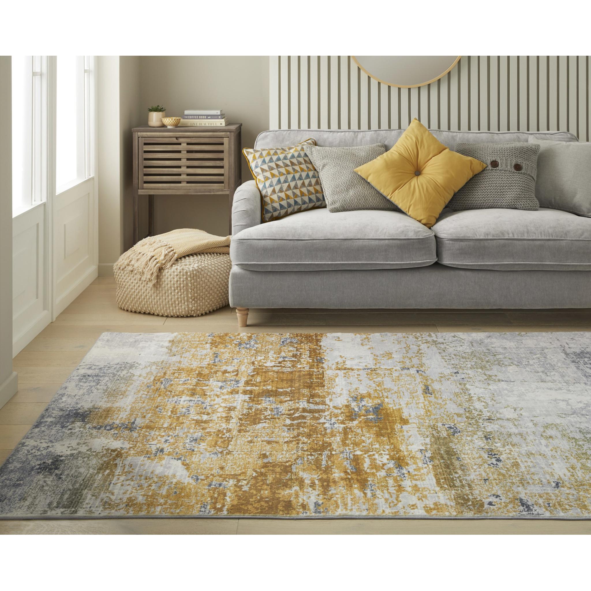 Lux Washable LUX09 Modern Abstract Non-Slip Machine Washable Rug in Ivory Gold Large 160x230 cm (5'3"x7'7")