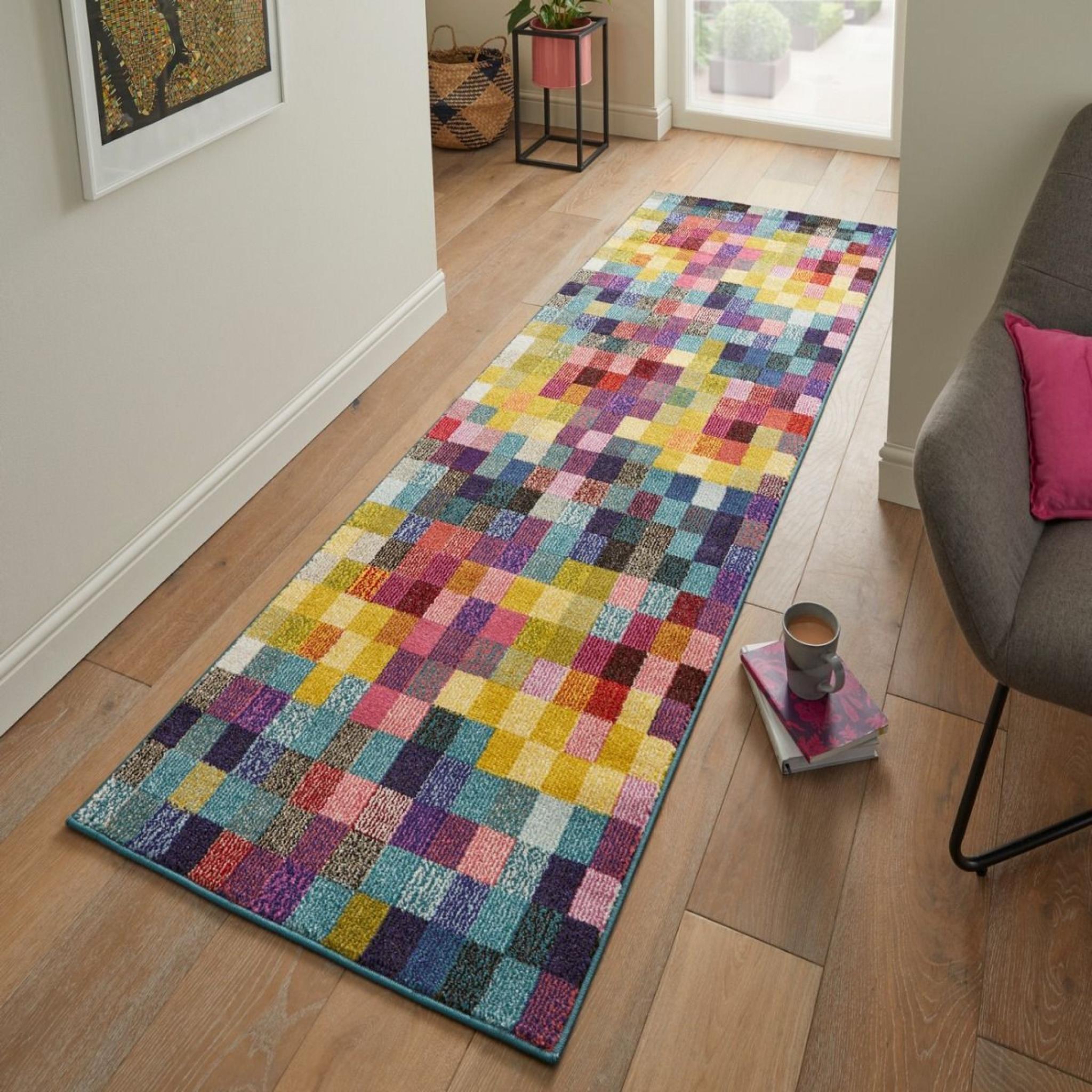 Carnaval CAR103 Vibrant Multi Colours Modern Geometric Squared Pattern Rug by Concept Looms Runner 80x240 cm (2'7"x7'11")
