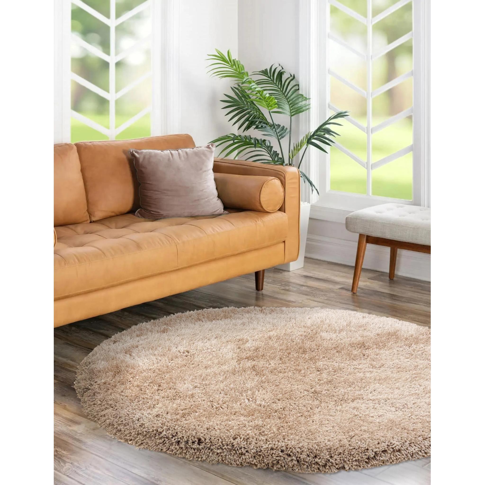 Cascade Shaggy Rug Cosy Soft High Pile Silky Shiny Thick Sand Beige Modern Plain Round Rug in 160x160 cm Round 160x160 cm (5'3"x5'3")