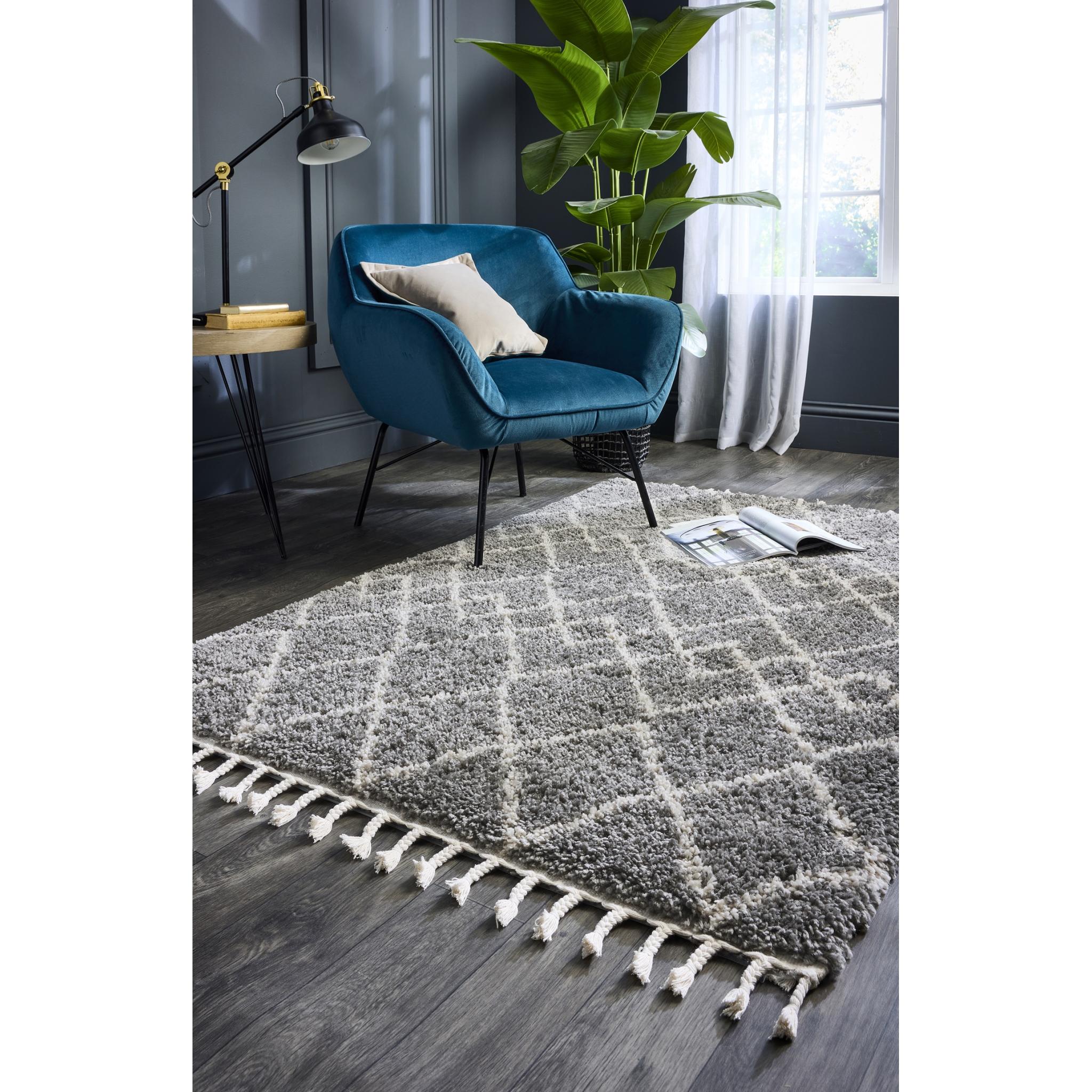 Casablanca Grey Diamond Shaggy Tasseled Rug by Origins Small 80x150 cm (2'6"x5')
