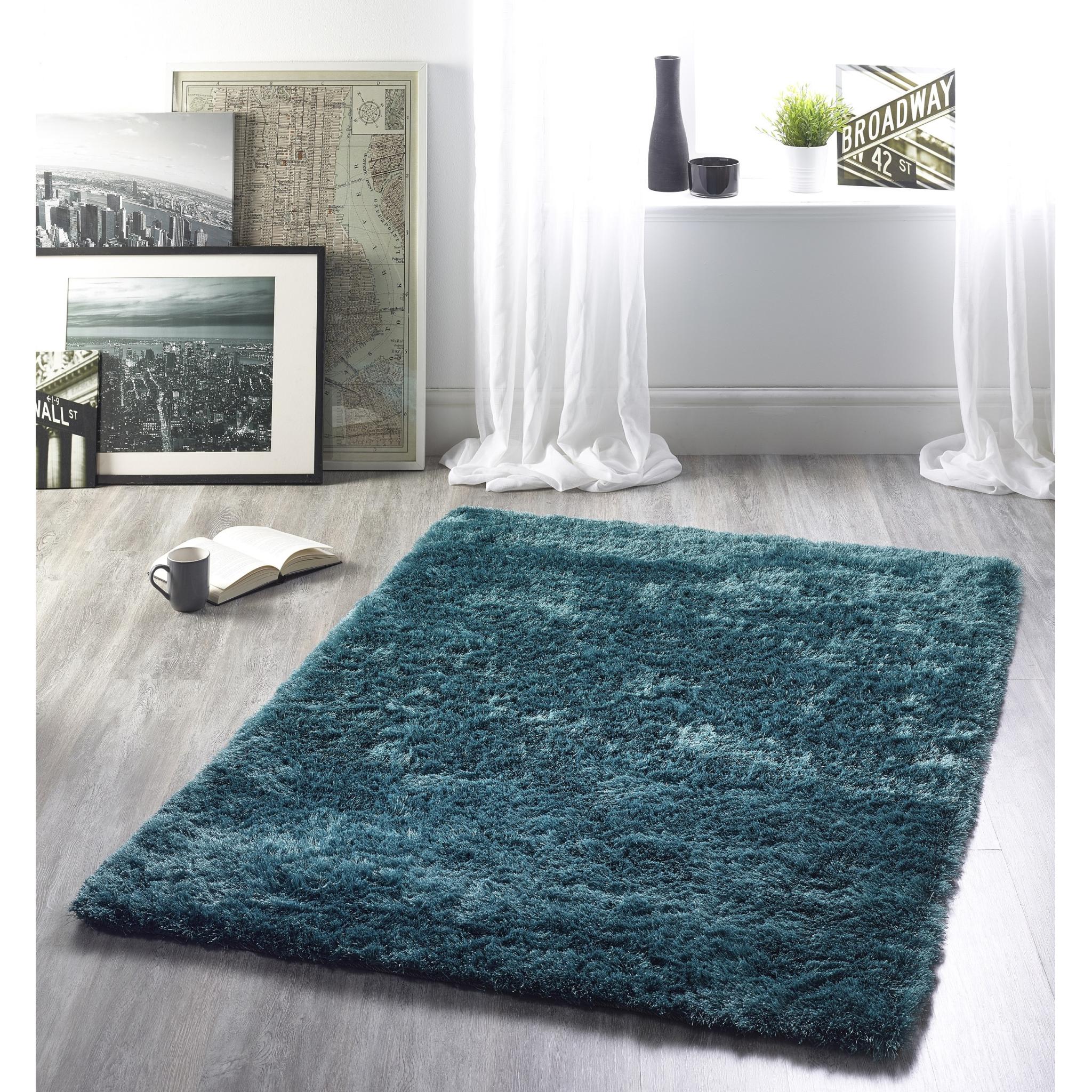 Origins Glamour/Shimmer Teal Blue Soft Silky Shaggy Rug Small 80x150 cm (2'6"x5')