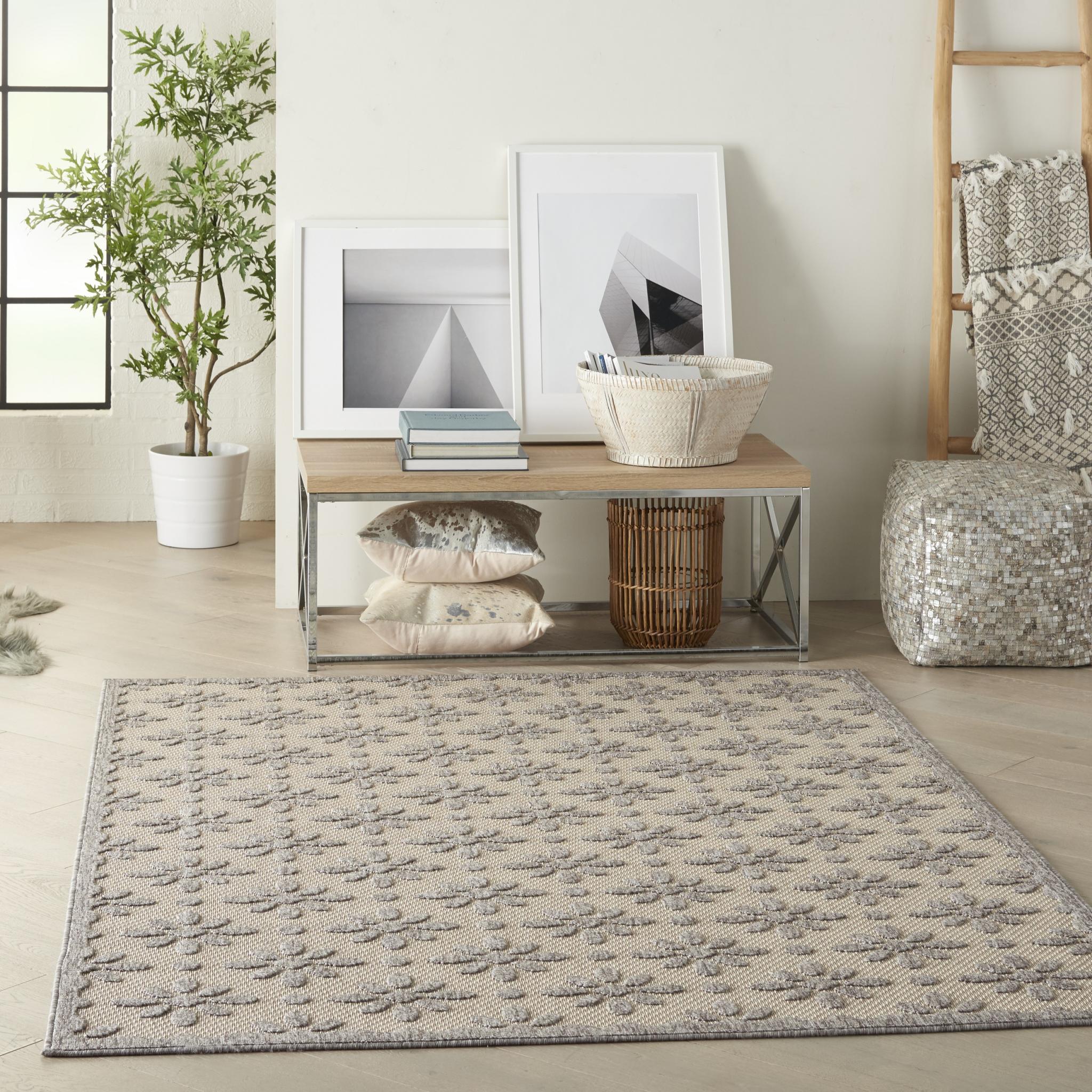 Outdoor Indoor Rug by Cozumel Nourison CZM03 Geometric Floral 3D Modern Rug in Cream Grey CZM03 Cream Medium 122x183 cm (4'x6')