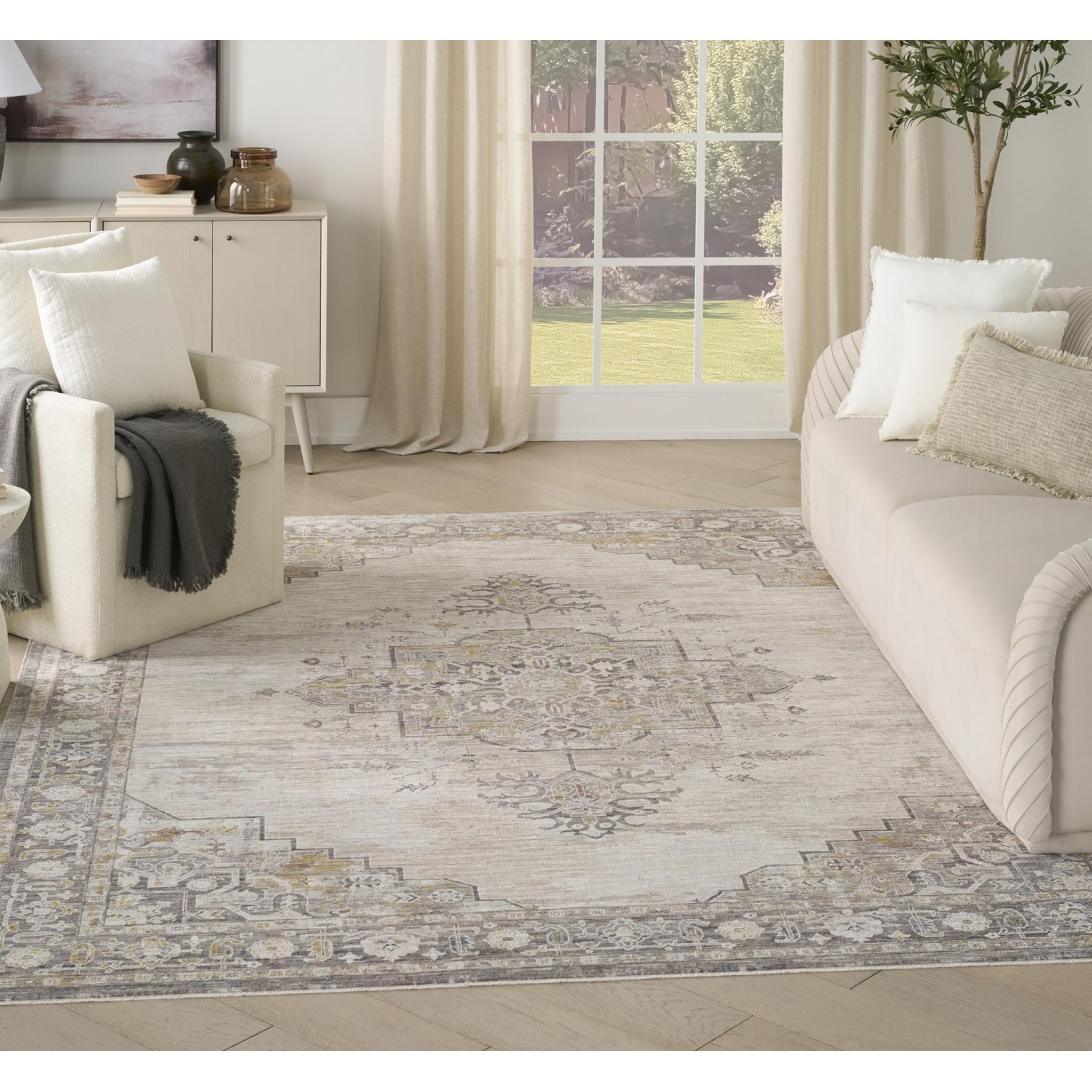 Antique Fusion ANF01 Traditional Abstract Fringed Bordered Medallion Ivory Charcoal Rug Large 160x239 cm (5'3"x7'10")