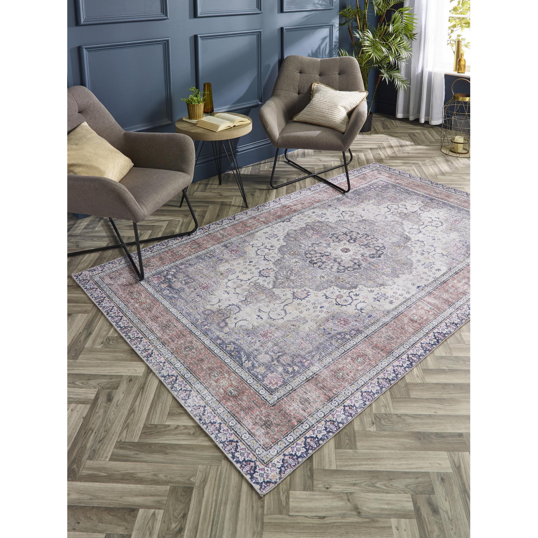 Origins Washable Croft Traditional Medallion Soft Chenille Rug in Blue Rust Multi Small 80x150 cm (2'6"x5')