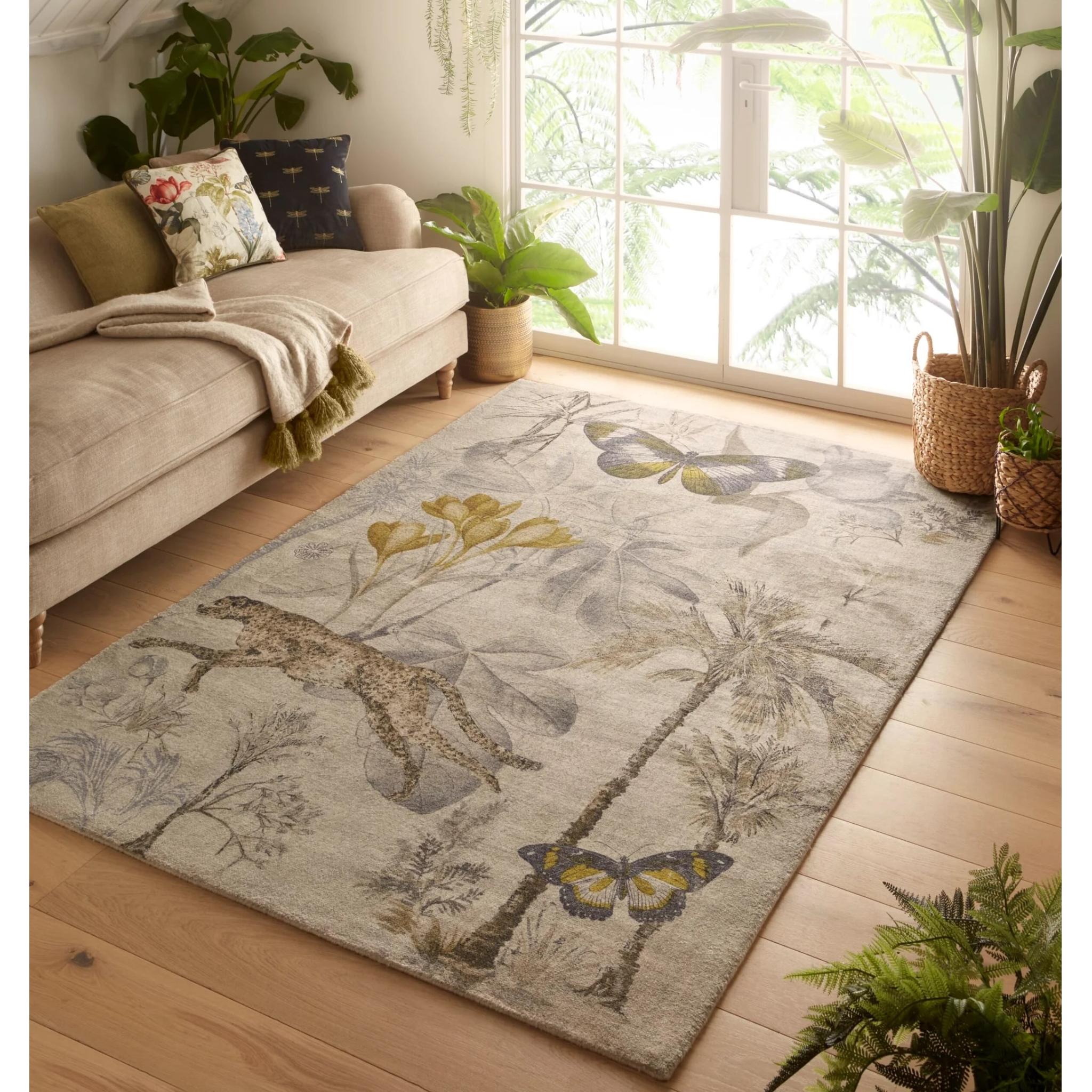 Botany Rug by Clarke & Clarke Exotic Botanical Palm Butterfly Wild Cat Pattern Recycled Fibres Rug in Charcoal Chartreuse Large 160x230 cm (5'3"x7'7")
