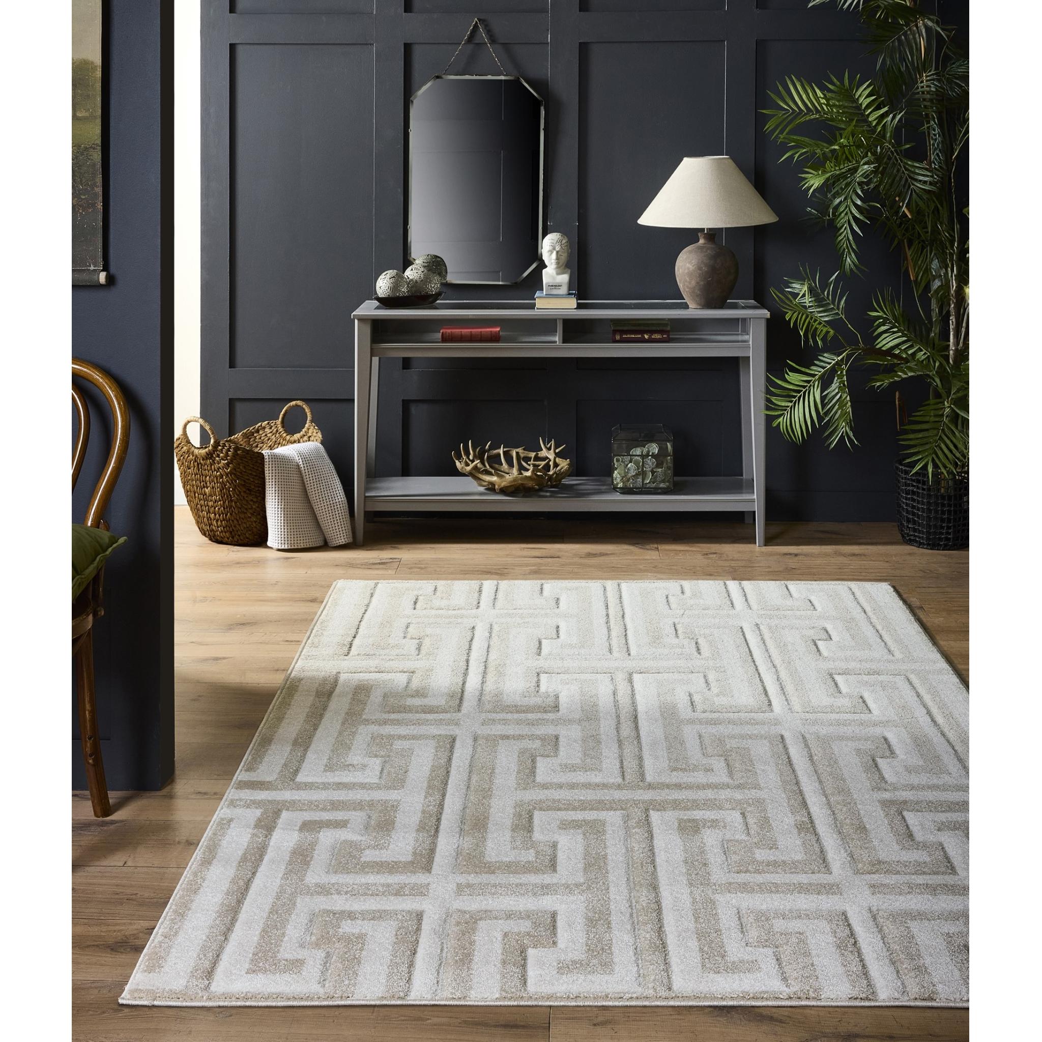Origins Elegant Greek Key Geometric Carved Rug in Beige Cream Large 160x230 cm (5'3"x7'7")