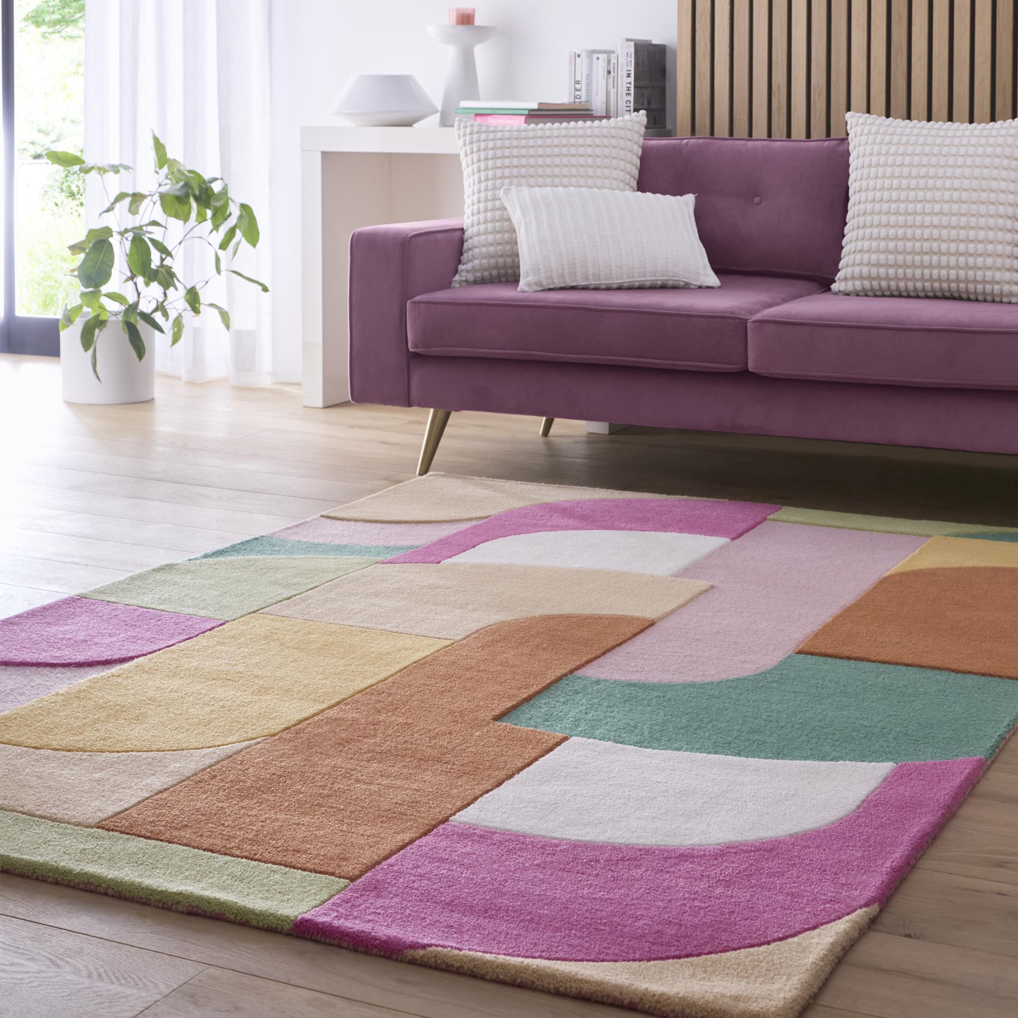Retro Decor Wool Hand Tufted Carved Rug in Pink Multi Coloured Large 160x230 cm (5'3"x7'7")