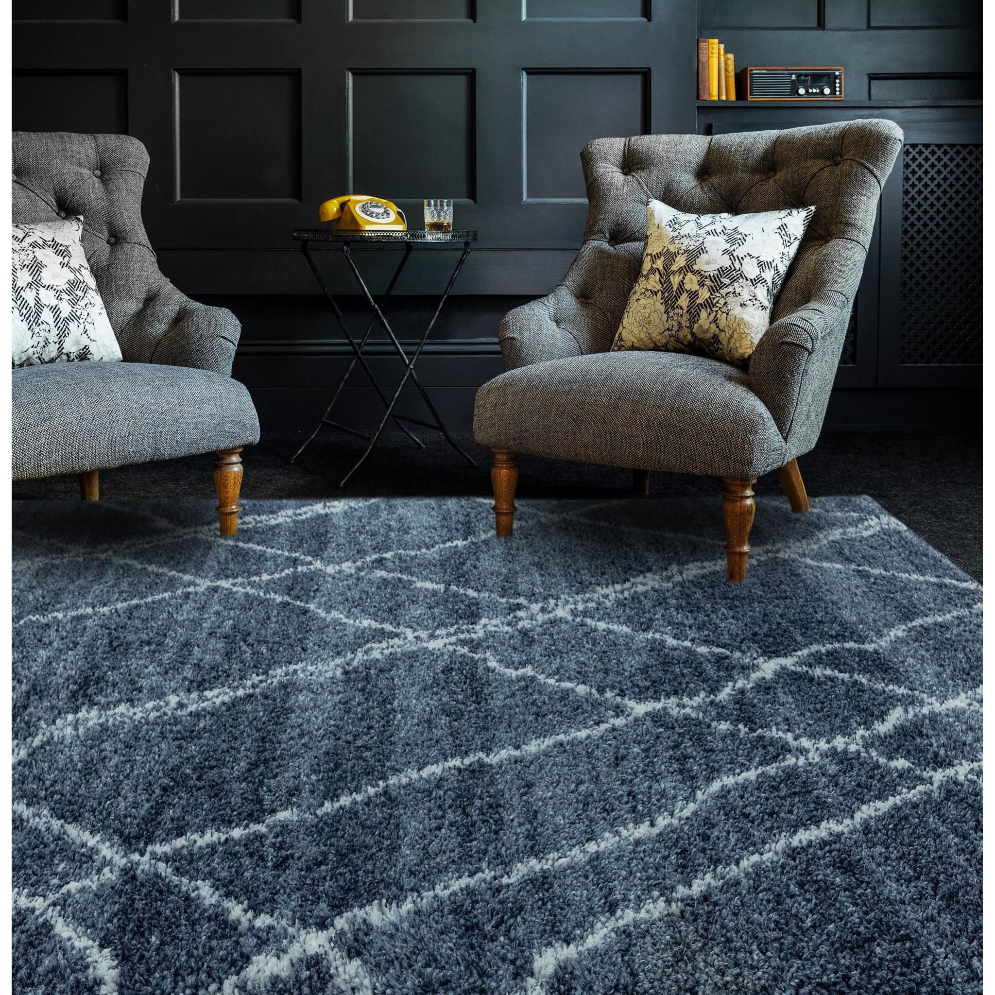 Alto AL01 Morrocan Tribal Soft Shaggy Rug in Blue Cream Medium 120x170 cm (4'x5'6")