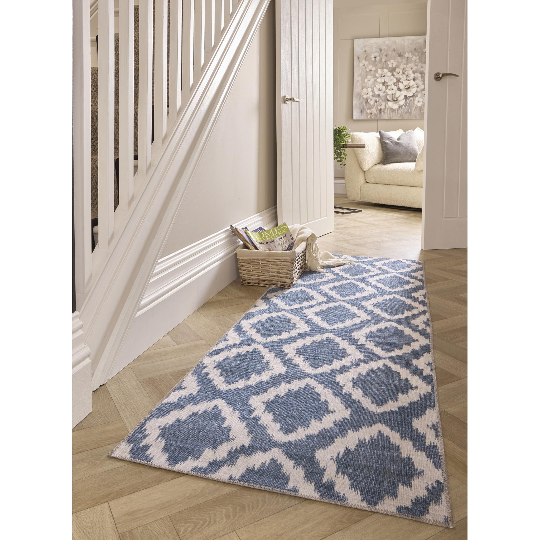 Origins Washable Como Diamond Soft Chenille Bohomian Rug in Blue Runner 67x200 cm (2'2"x6'7")