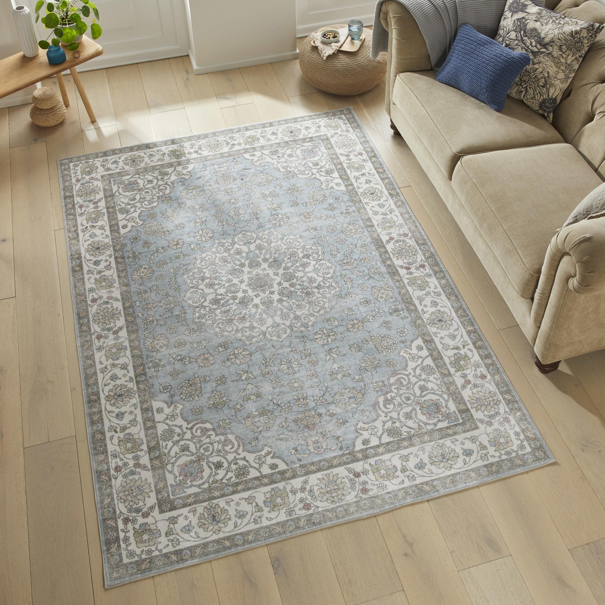Liberty Classic Washable Velvet Soft Non-Slip Traditional LIB206 Light Blue Rug Medium 120x180 cm (4'x6')