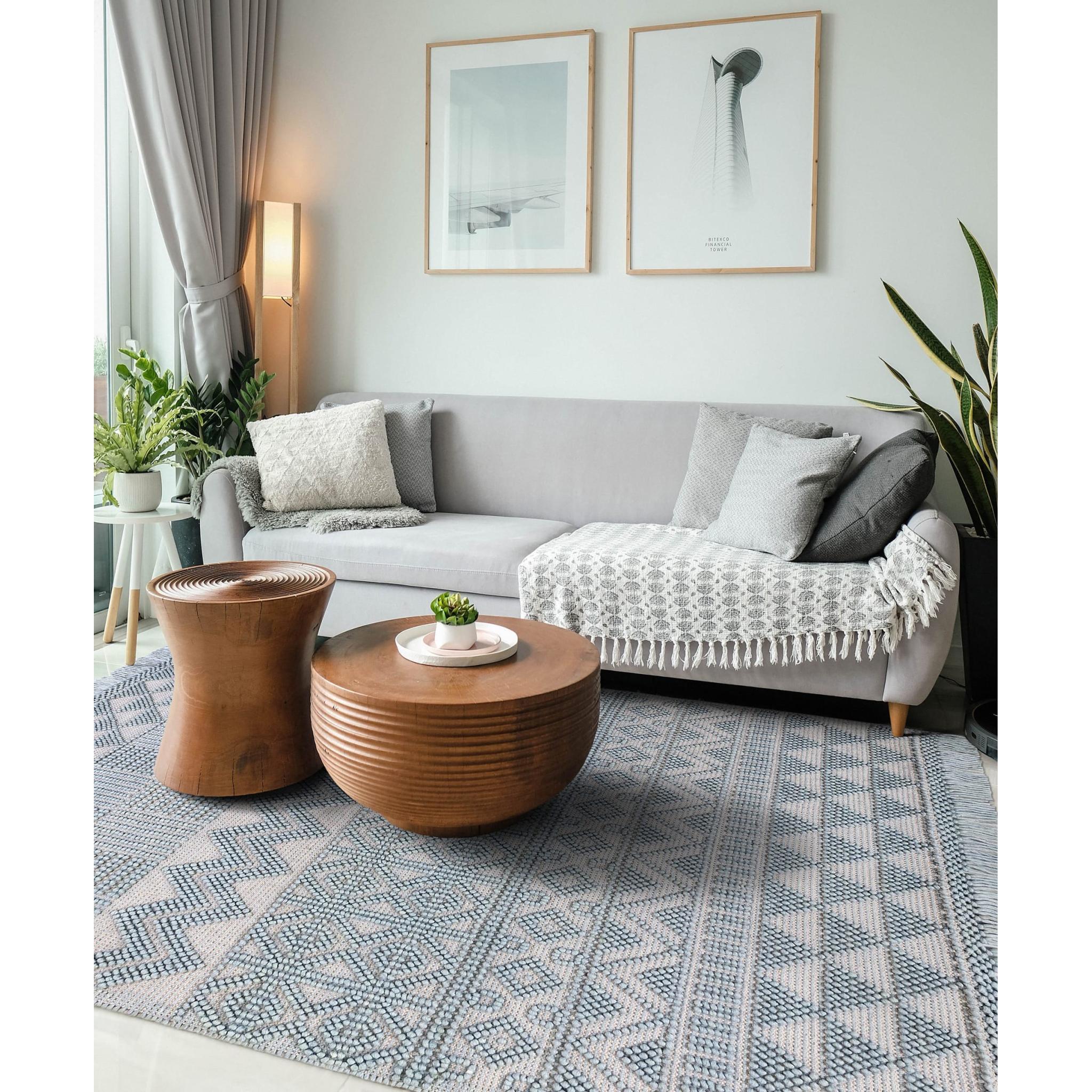 Anya ANR01 Rug Hand Made Wool Geometric Traditional Modern Bohomian Tribal Fringed Rug in Duck Egg Medium 120x170 cm (4'x5'6")