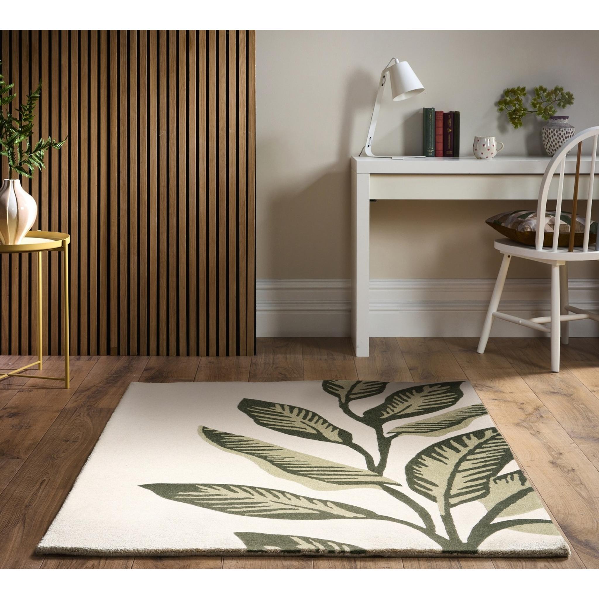 Paradise Leaf Modern Hand Carved Natural Print Ivory Green Rug by Origins Small 80x150 cm (2'6"x5')