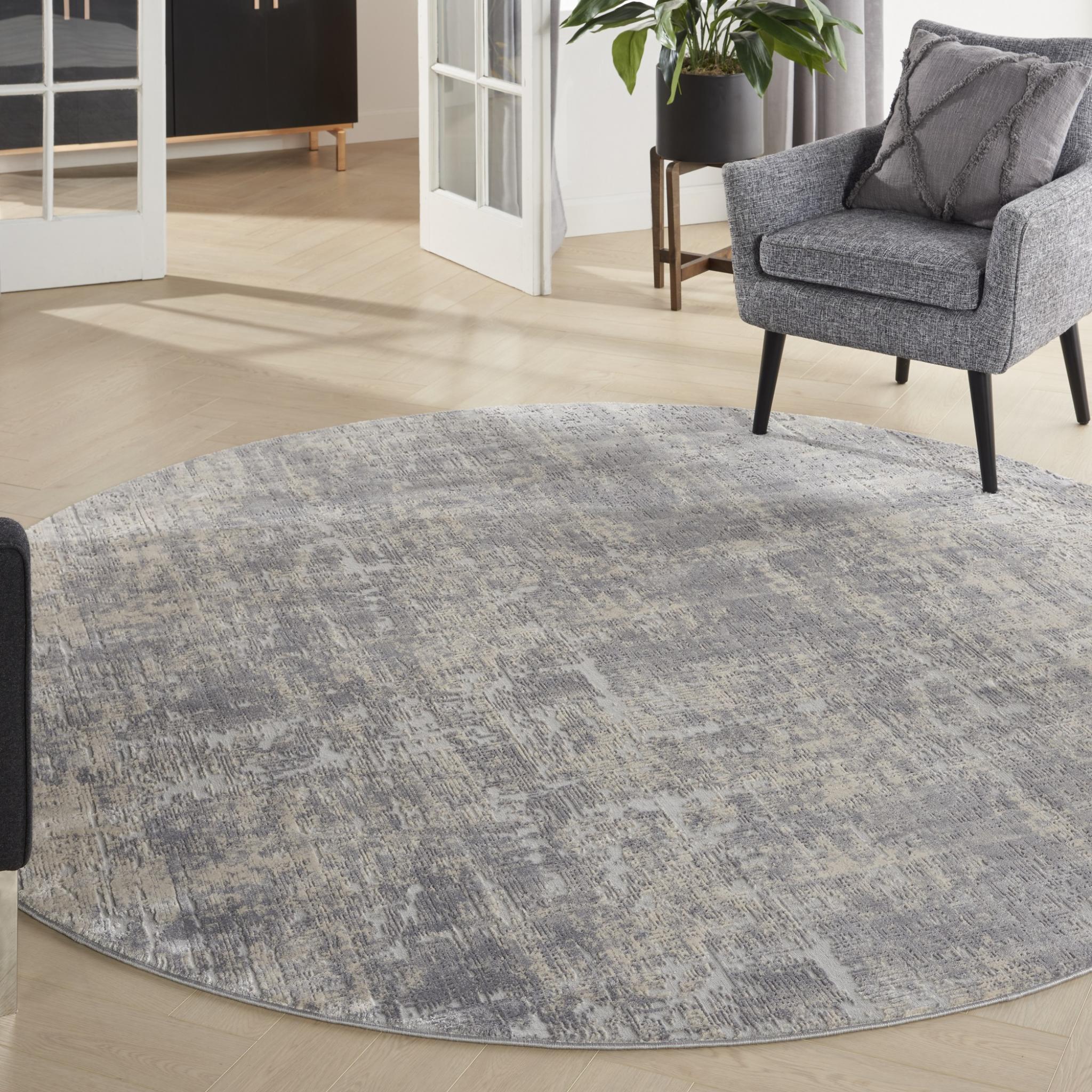 Rustic Textures RUS01 Modern Abstract Rug in Ivory Silver Grey Round Large 160x160 cm (5'3''x5'3'')