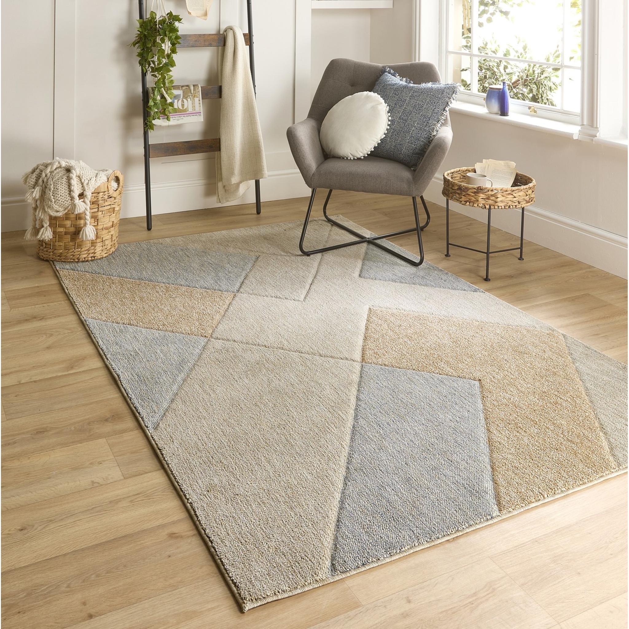 Origins Notion Modern Abstract Geometric Carved Rug in Cream/Blue Small 80x150 cm (2'6"x5')