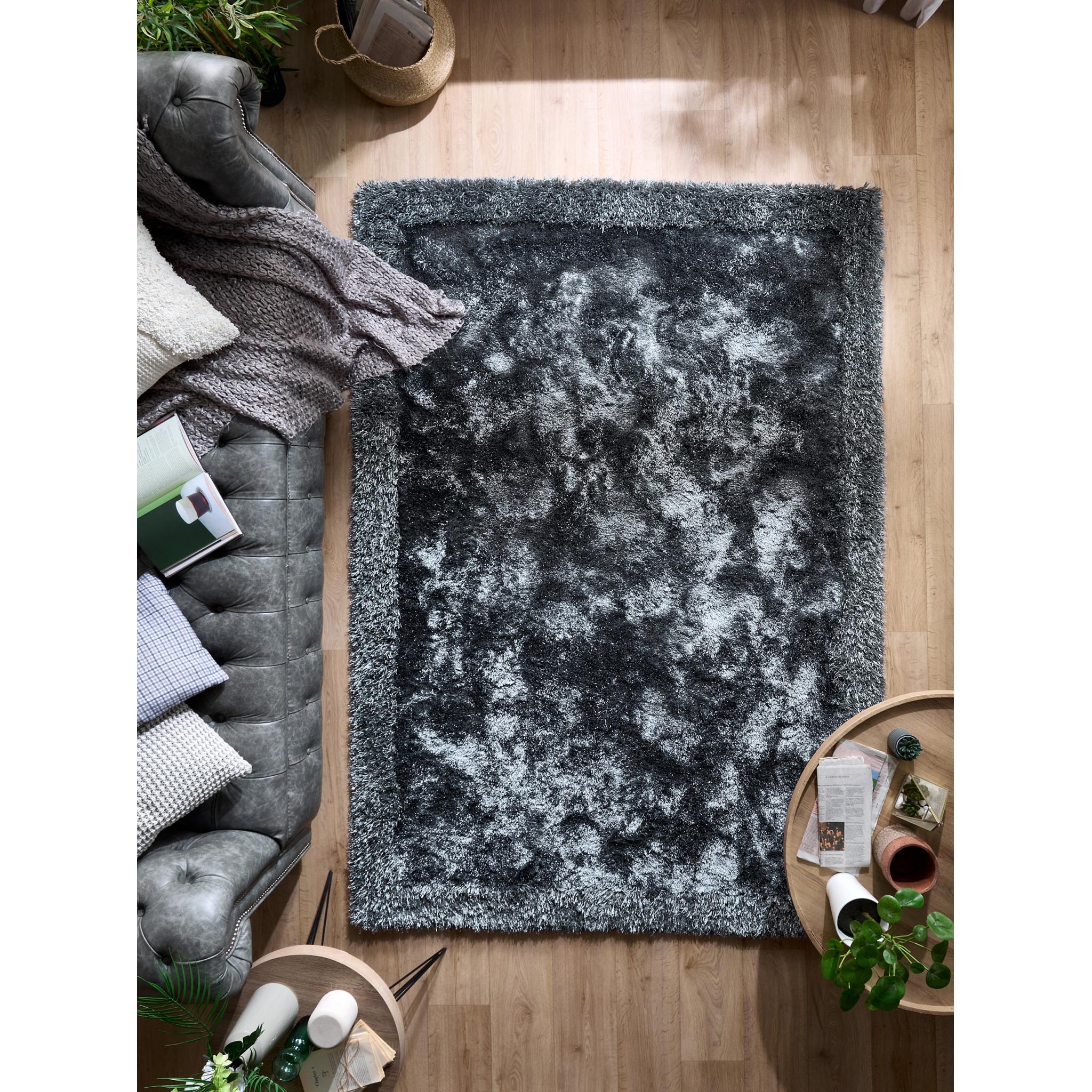 Origins Shimmer Silky Shaggy Hand Tufted Carpet Border Modern Soft Fluffy Shag Rug in Charcoal Grey Large 160x230 cm (5'3"x7'7")