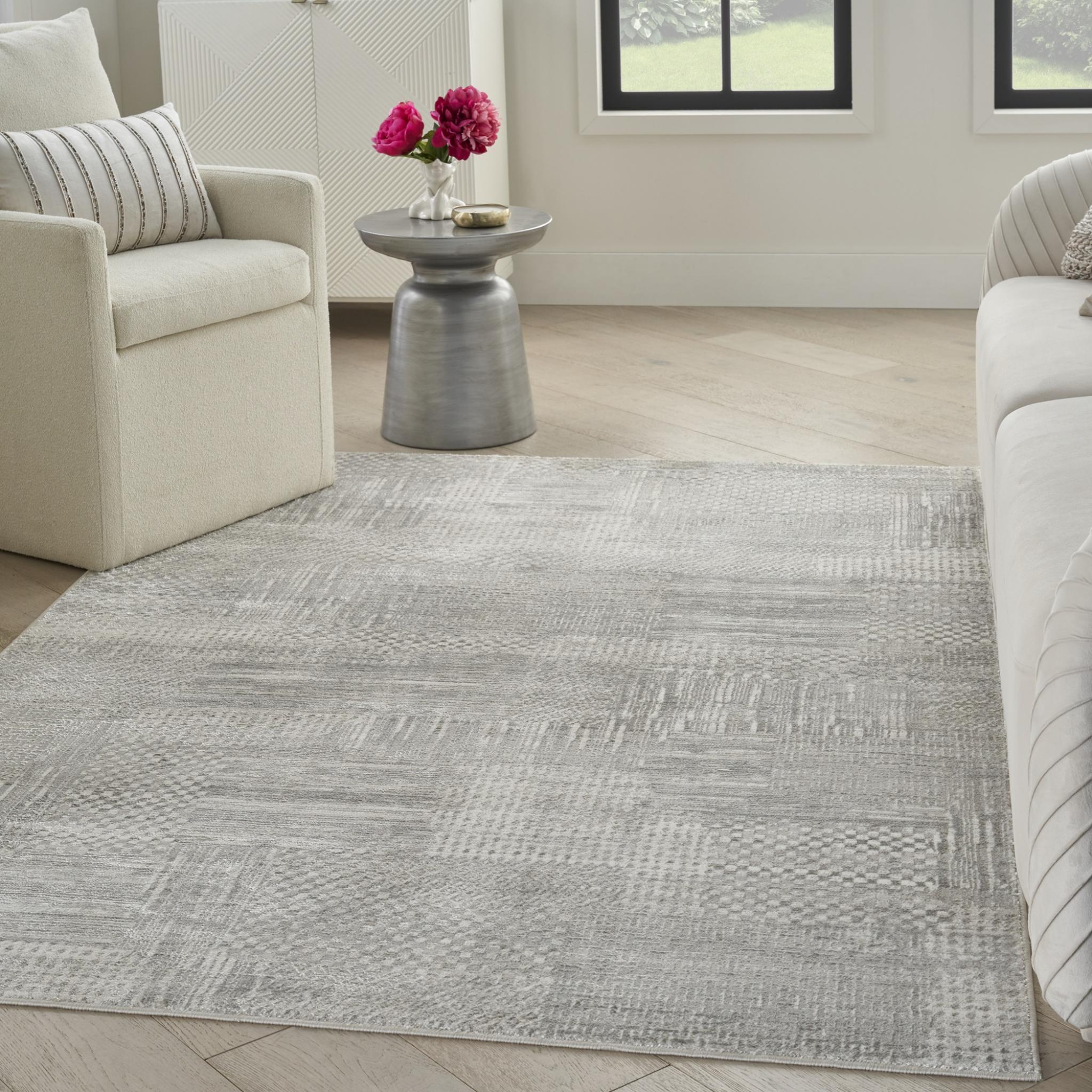 Glitz GLZ09 Modern Classic Geometric Patchwork Soft Silky Shimmer Silver Grey Rug Runner by Nourison Medium 119x180 cm (3'11"x5'11")