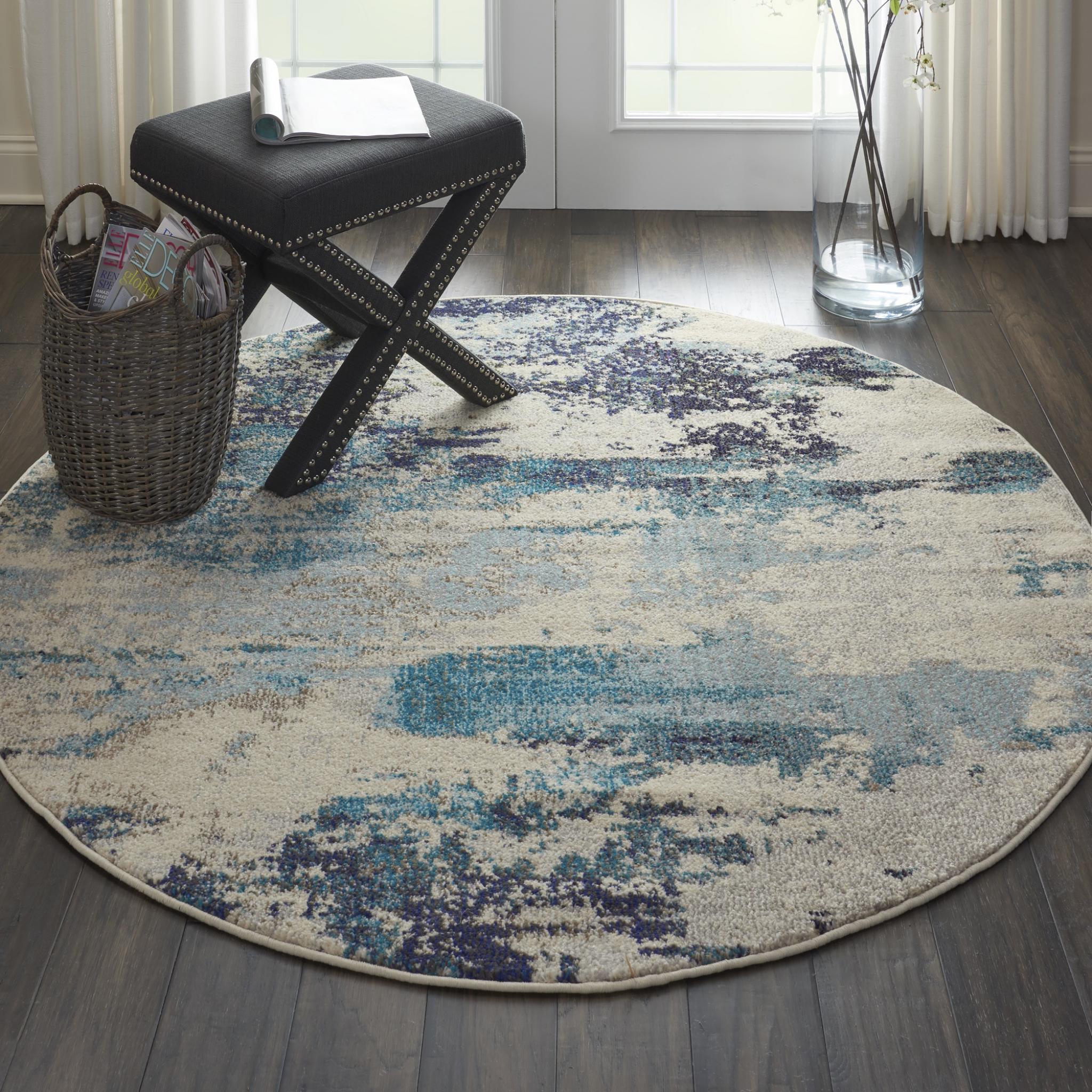 Celestial CES02 Modern Abstract Ivory Teal Blue Rug by Nourison Round 160x160 cm (5'3"x5'3")