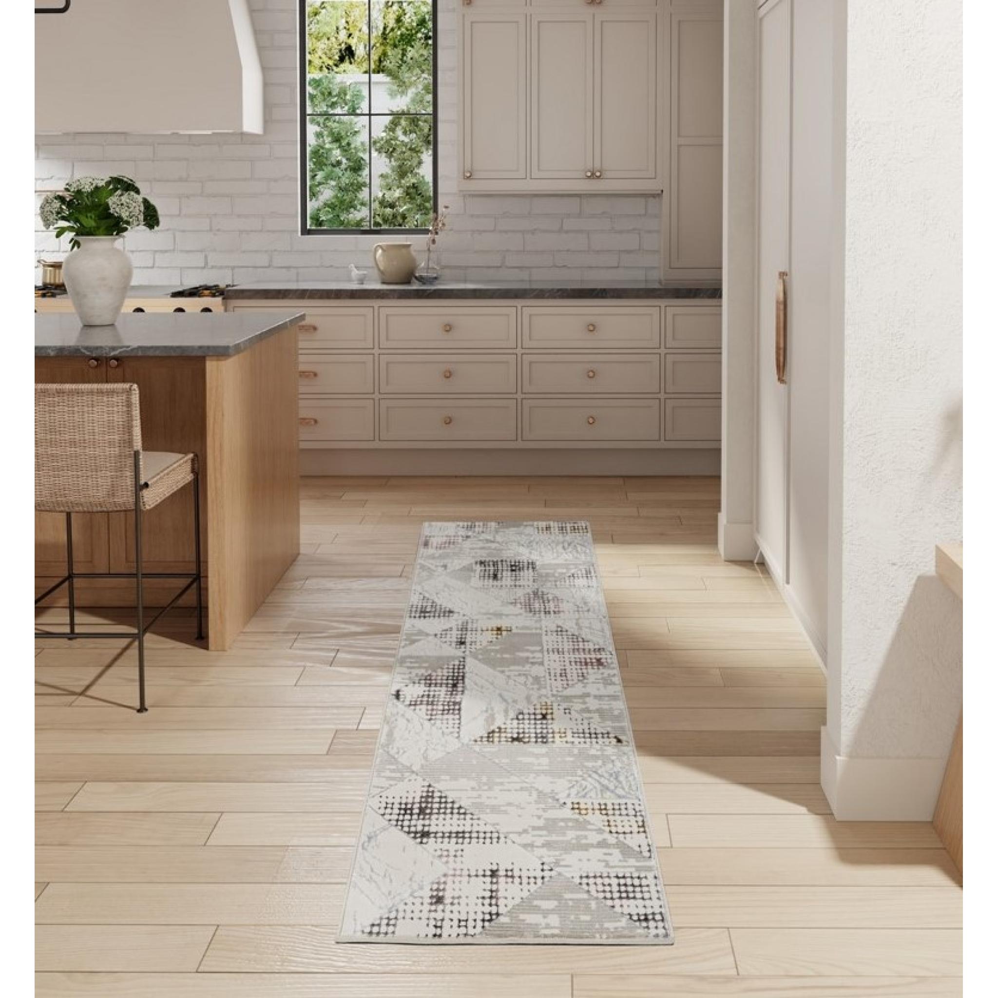 Glitz GLZ04 Modern Abstract Geometric Framed Soft Silky Ivory Multi Rug by Nourison Runner 66x229 cm (2'3"x7'6")