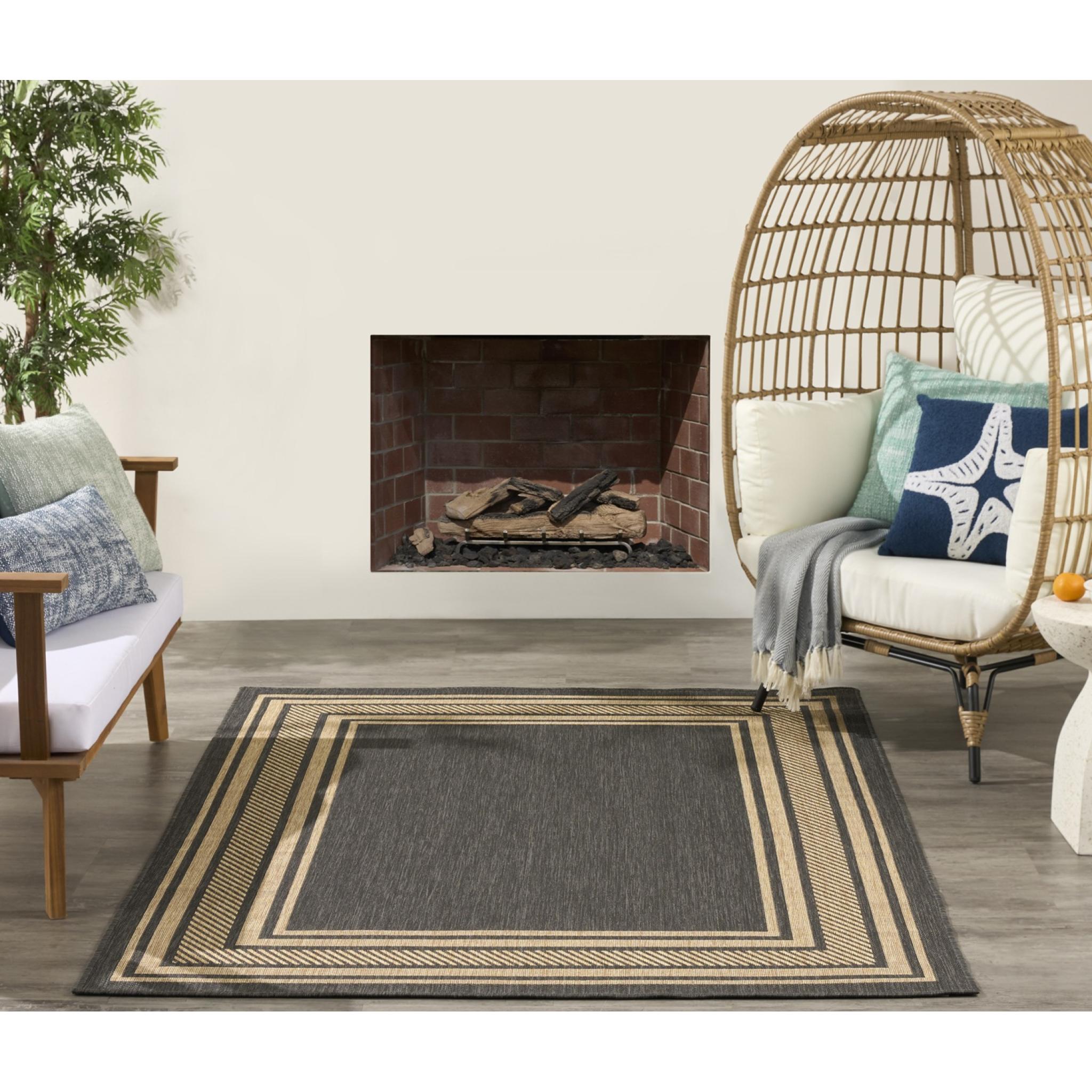 Horizon Indoor Outdoor Bordered Rug HOZ03 Charcoal Grey Rug by Nourison Medium 152 x 213 cm (5'x7')