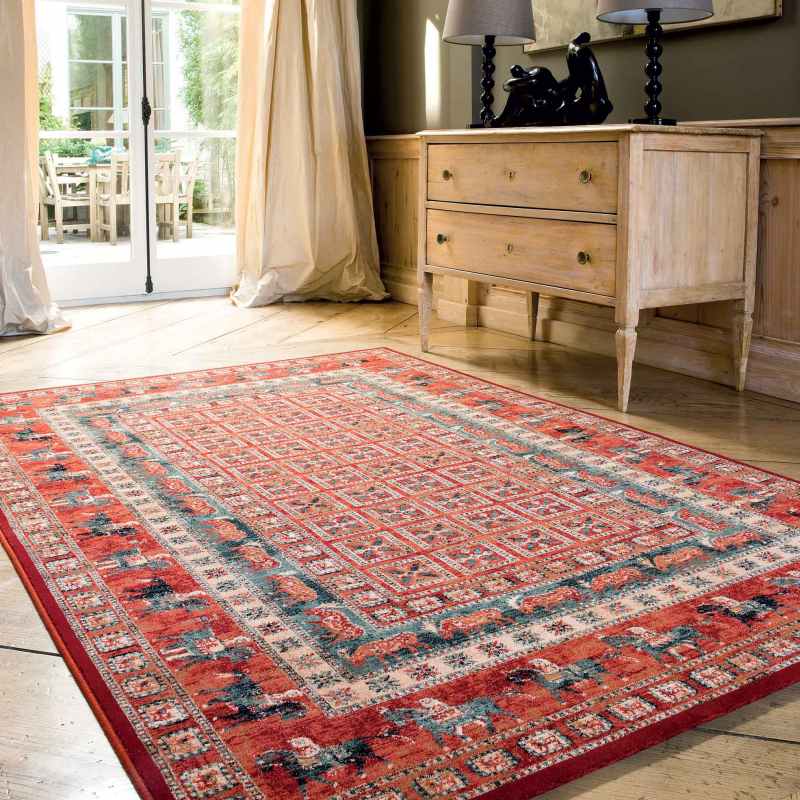 Royal Kashqai Traditional Bordered Wool Rugs in 4301 300 in Brick Red