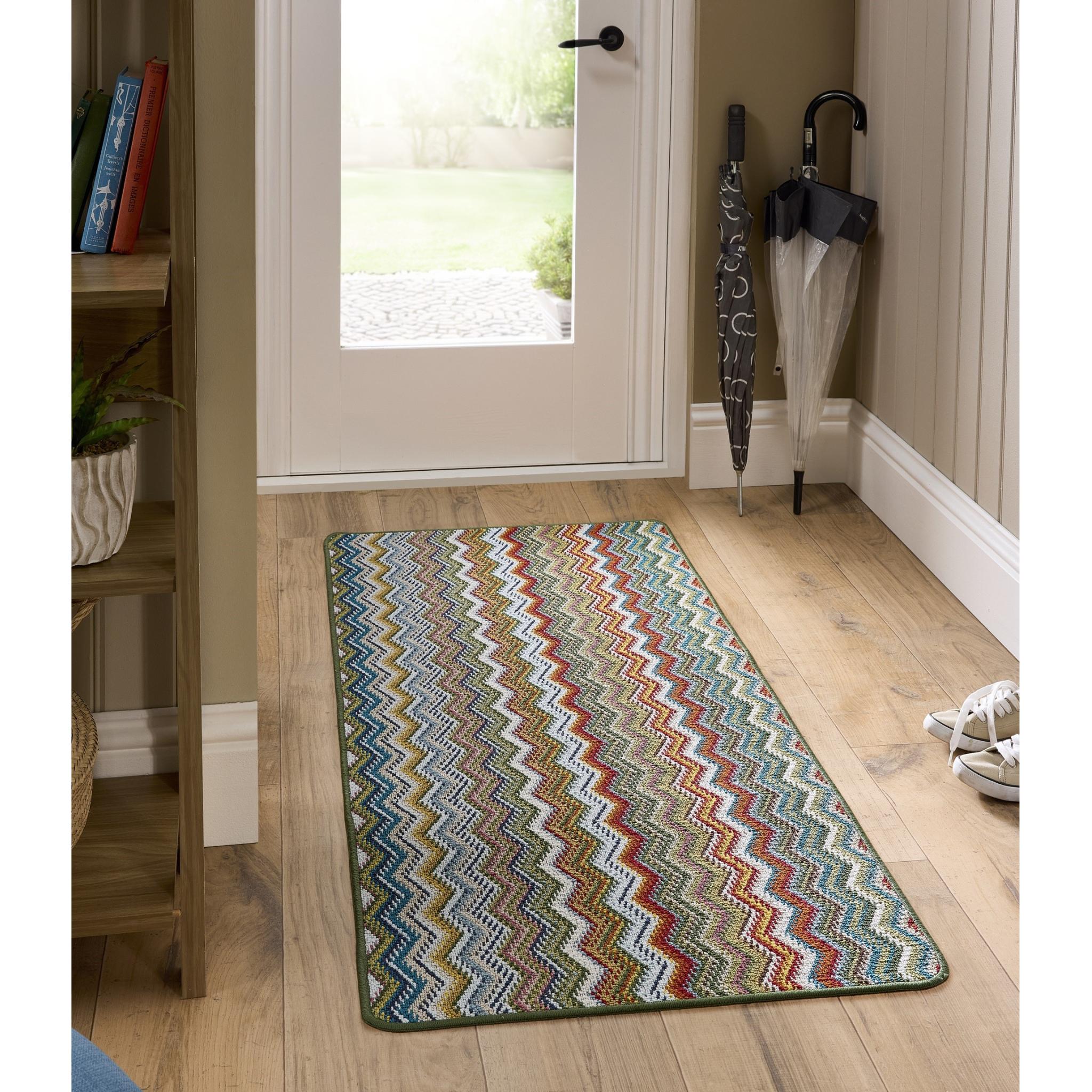 My Mat Stain Resistant Washable Home Entrance, Kitchen, Hallway, Entryway Non-Slip Rug Candy Zigzag in Multi Green Runner 67x200 cm (2'2"x6'7")