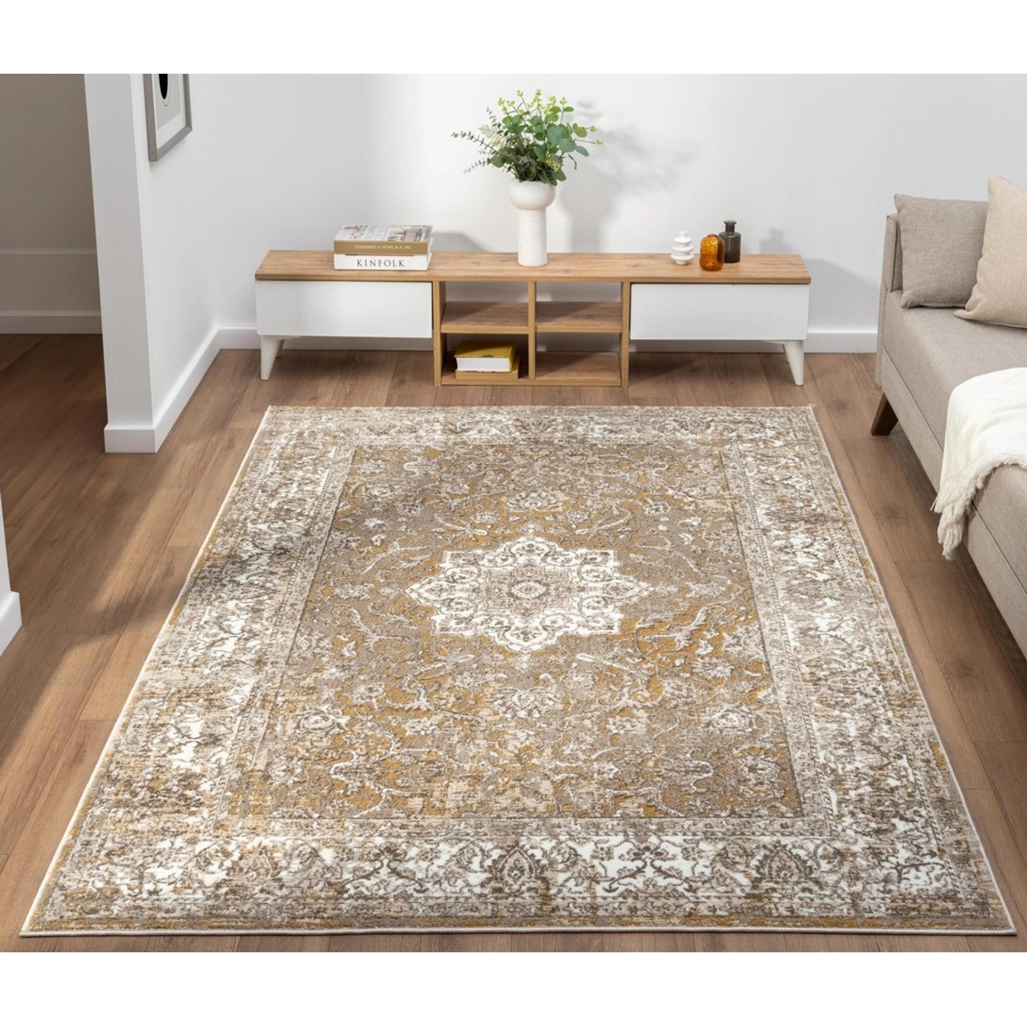 Vintage 865AC Traditional Classic Medallion Bordered Ochre Gold Rug Hallway Runner Large 160x230 cm (5'3"x7'7")
