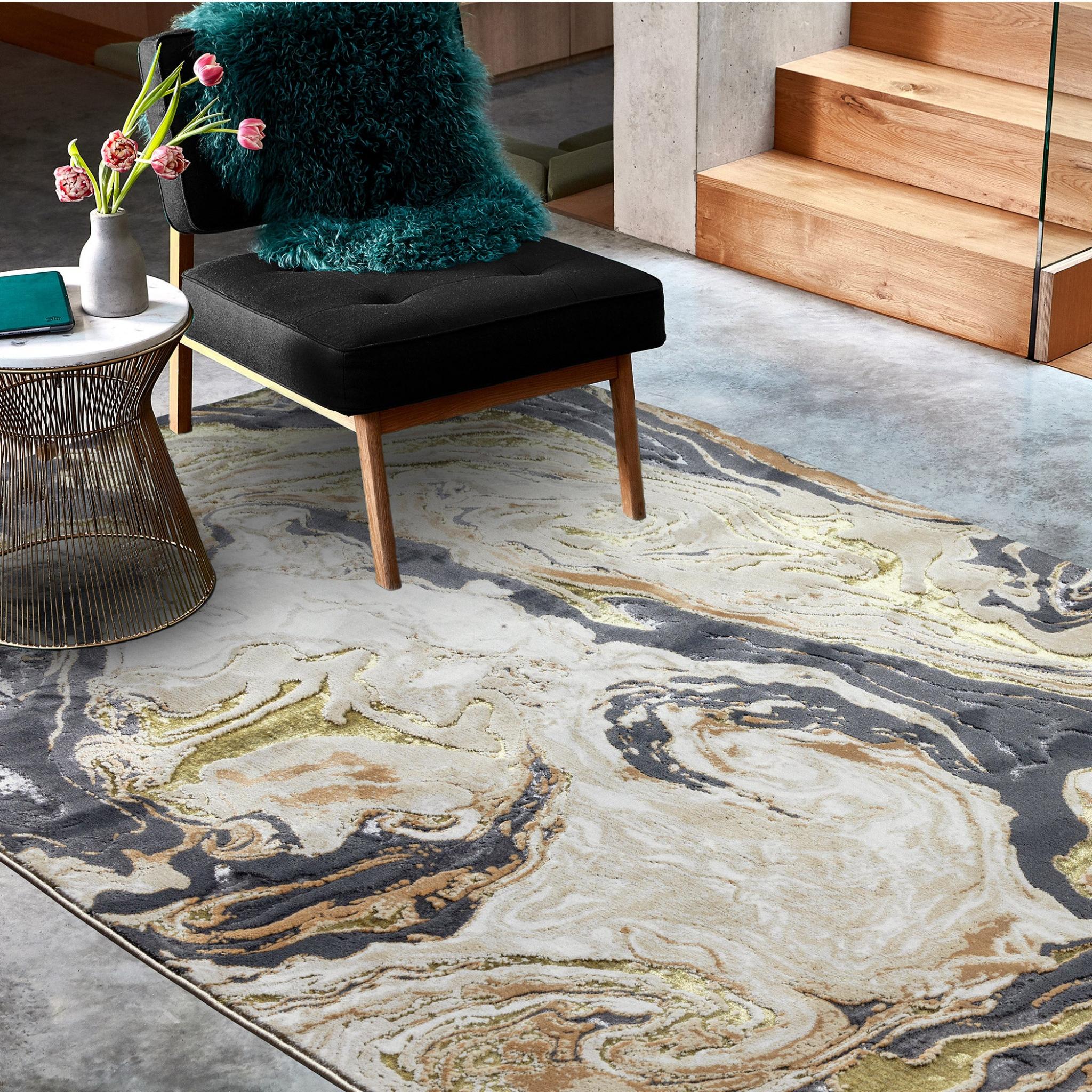 Aurora AU08 Marbled Metallic Gold Grey Modern Shiny Designer Rug 80x150cm (2'6"x5'0")