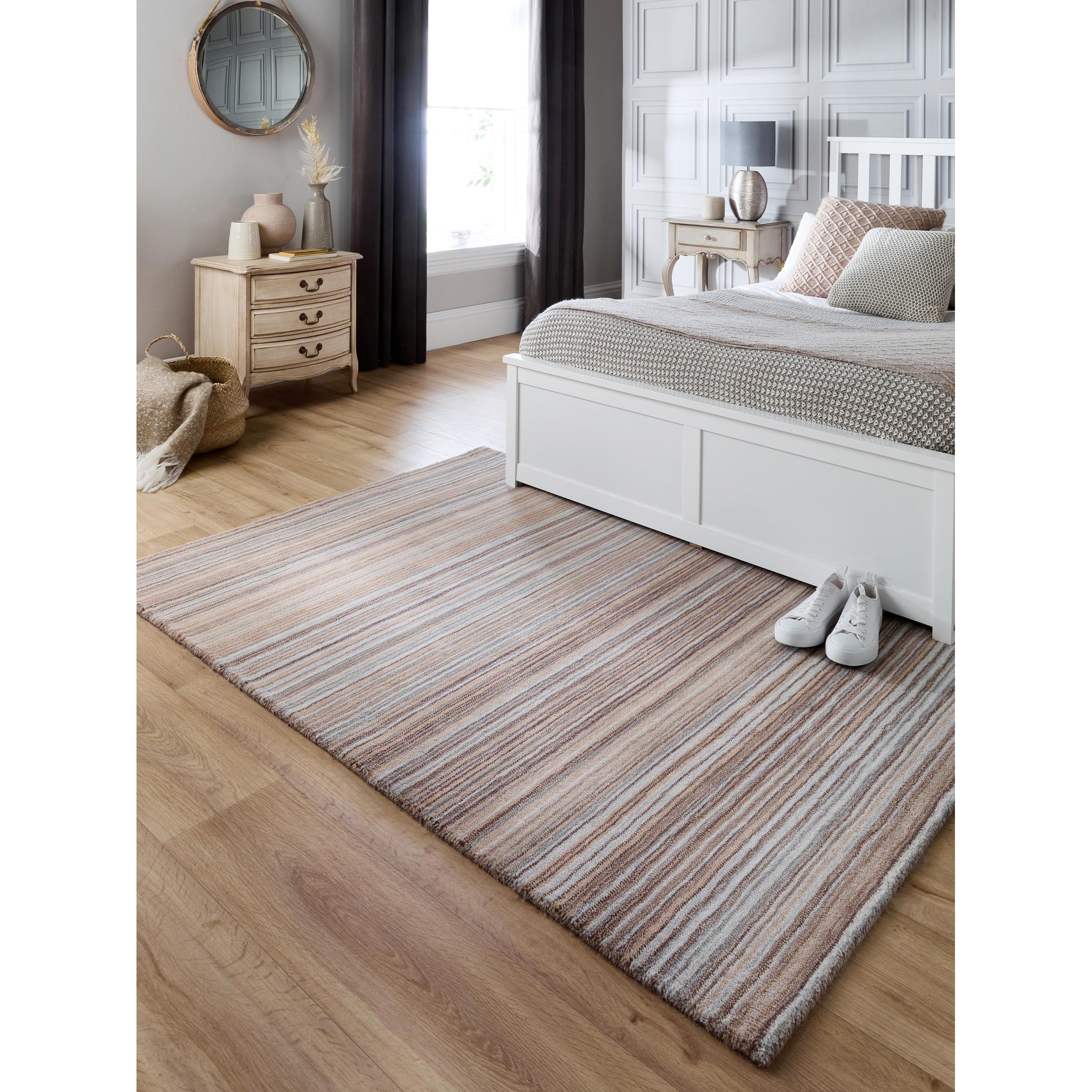 Origins Fine Stripes Hand Loom Woven Wool Rug Halway in Beige Large 160x230 cm (5'3"x7'7")