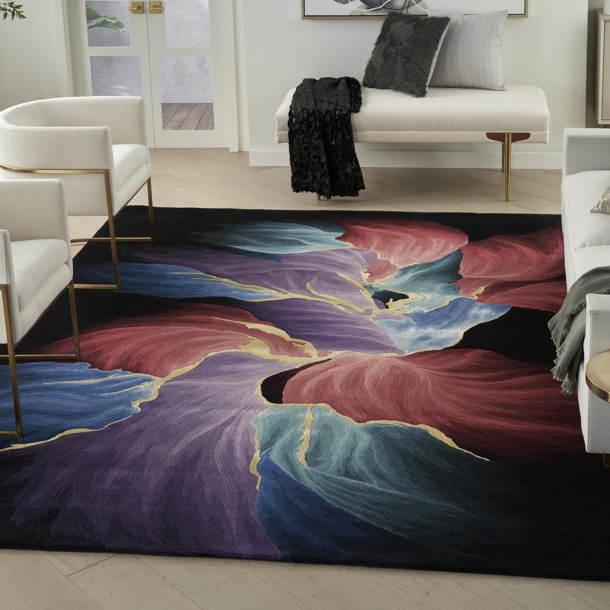 Prismatic Abstract Rug by Nourison Modern Luxury Soft Wool Silky Viscose Hand Tufted PRS34 Rug in Black Medium 114x175 cm (4'x5'9'')
