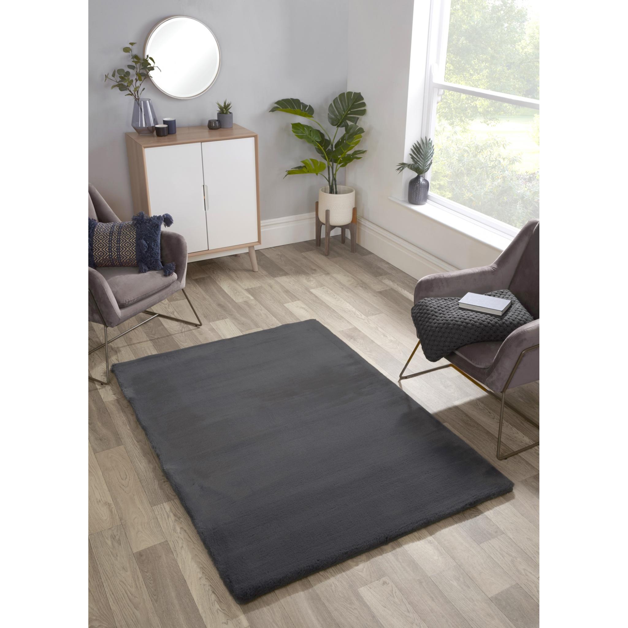 Luxe Faux Fur Plain Super Soft Shaggy Rug in Charcoal Grey X-Small 60x100 cm (2'x4')