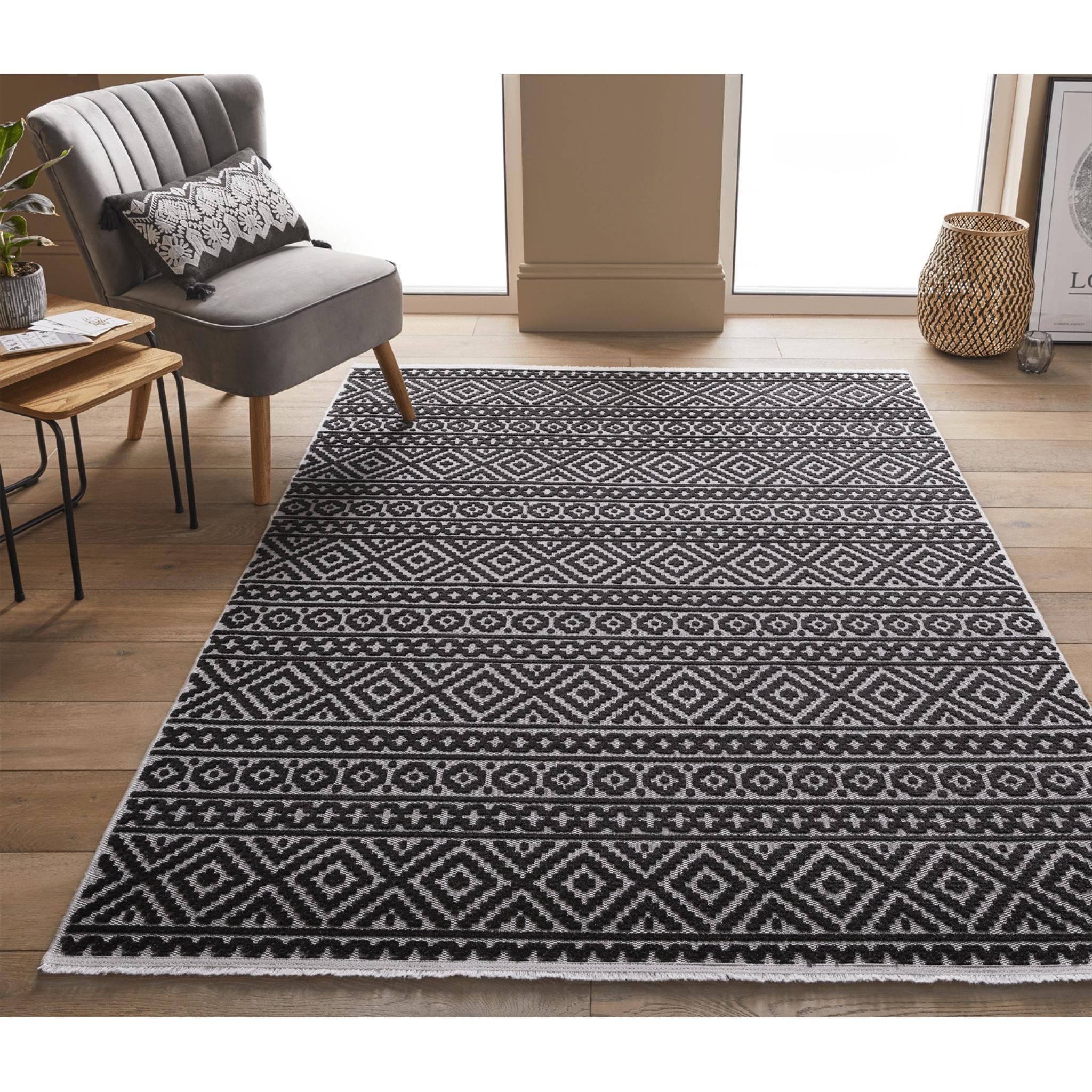 Jazz Indoor Outdoor Rug Garden Bedroom Living Room Patio Boho Flatweave Rug by Concept Looms JAZ03 Grey Black Large 160x220 cm (5'3"x7'6")
