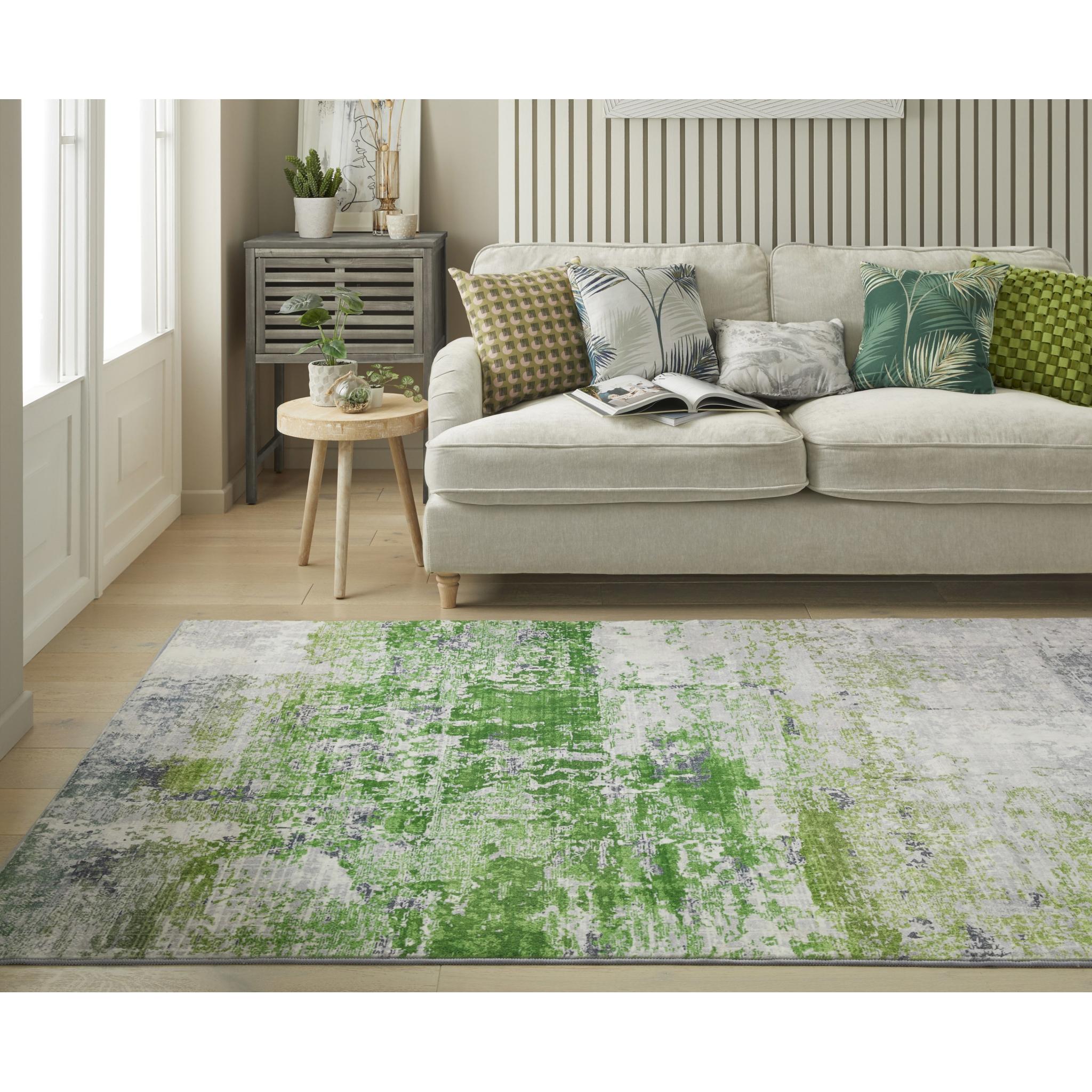 Lux Washable LUX08 Modern Abstract Non-Slip Machine Washable Rug in Ivory Green Medium 120x180 cm (4'x6')