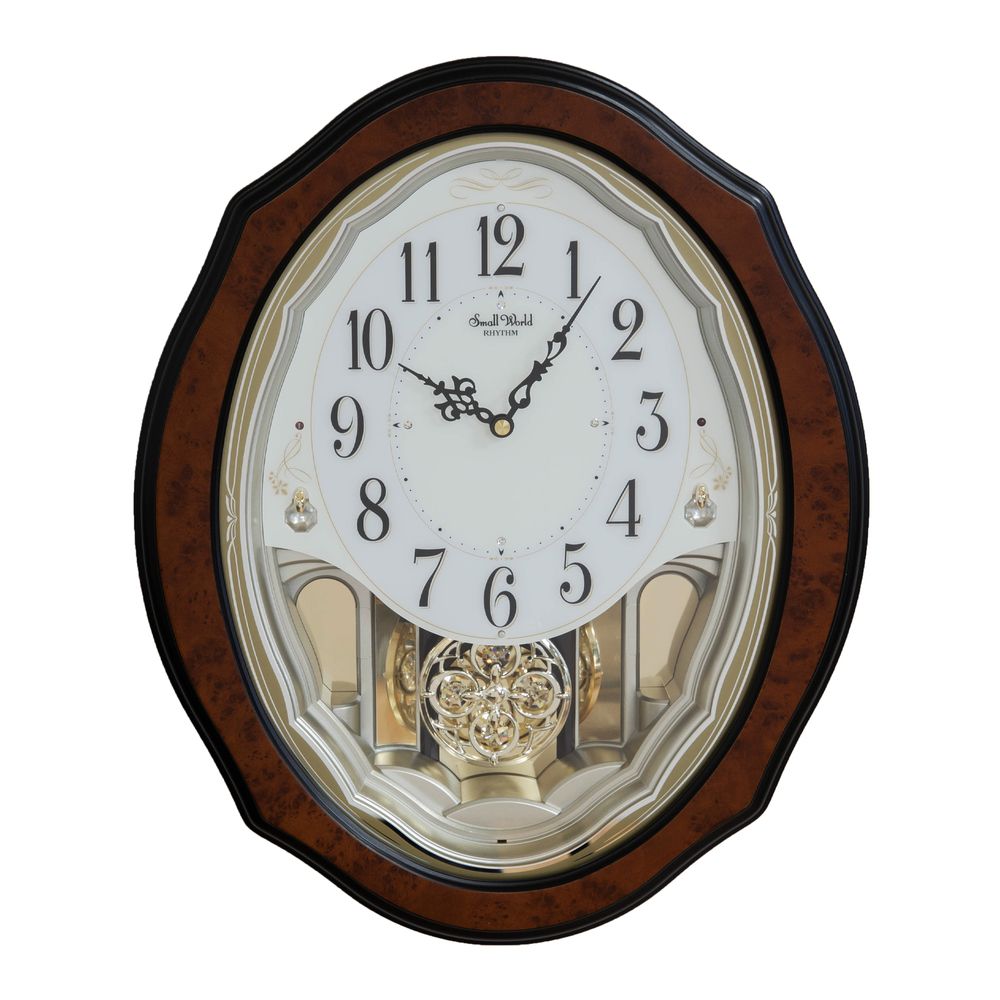 Rhythm Piano Finish Ornate Wood Grain Magic Motion Wall Clock