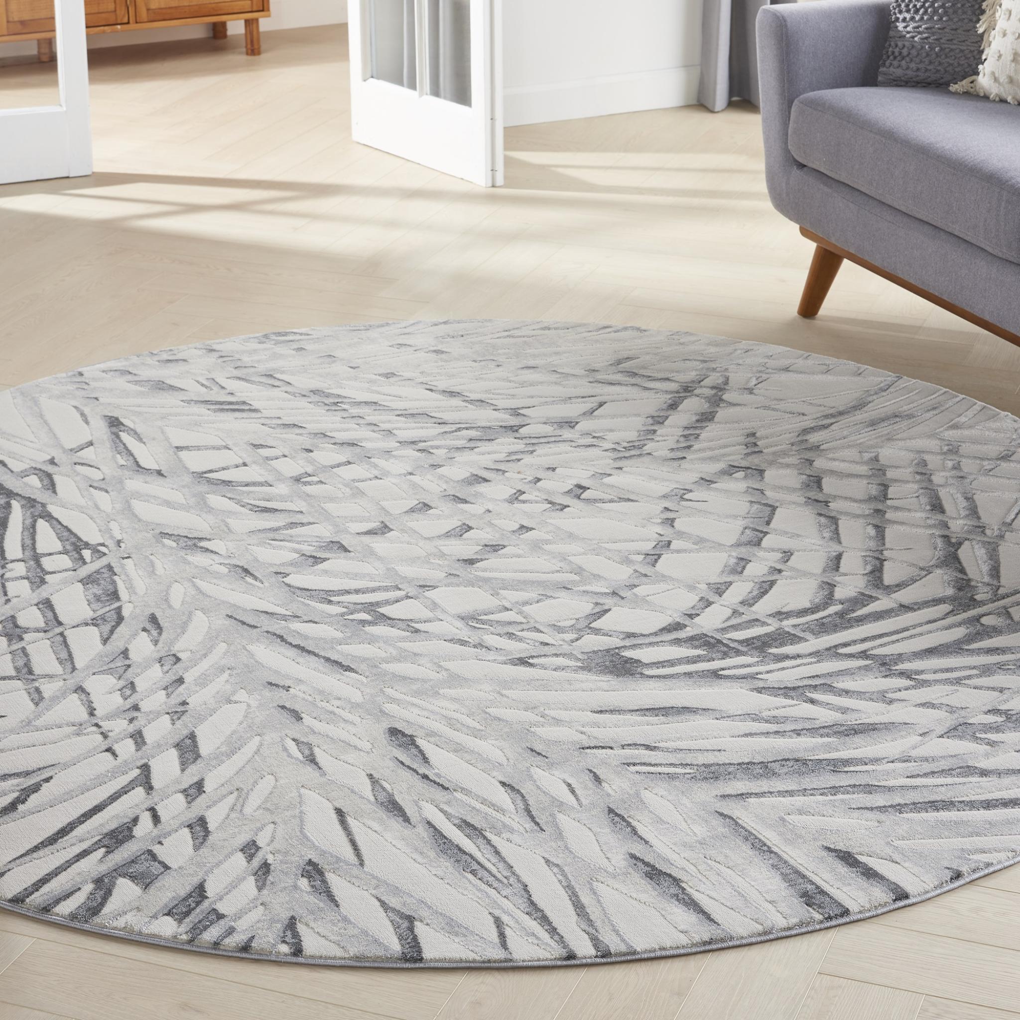 Rustic Textures RUS17 Modern Abstract Leaves Pattern Floral Rug in Ivory Grey Round Large 160x160 cm (5'3''x5'3'')